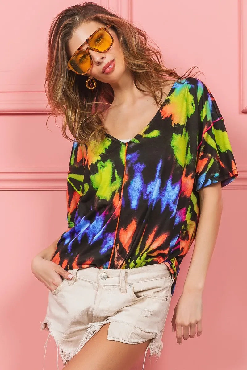 BiBi Tie Dye Print Jersey Stitched V Neck Top for Women - Soft Comfortable Casual T-Shirt for Summer, Beach, and Everyday Wear