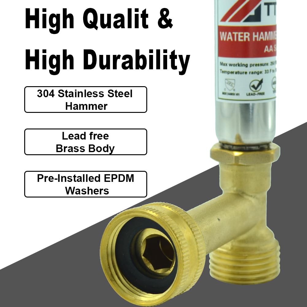 TT FLEX 3/4 Inch Stainless Steel Water Hammer Arrestor - Swivel FHT x MHT - Prevents Pipe Noise & Damage - Perfect for Washing Machines, Dishwashers & Garden Hose Systems (Home Plumbing Solution)