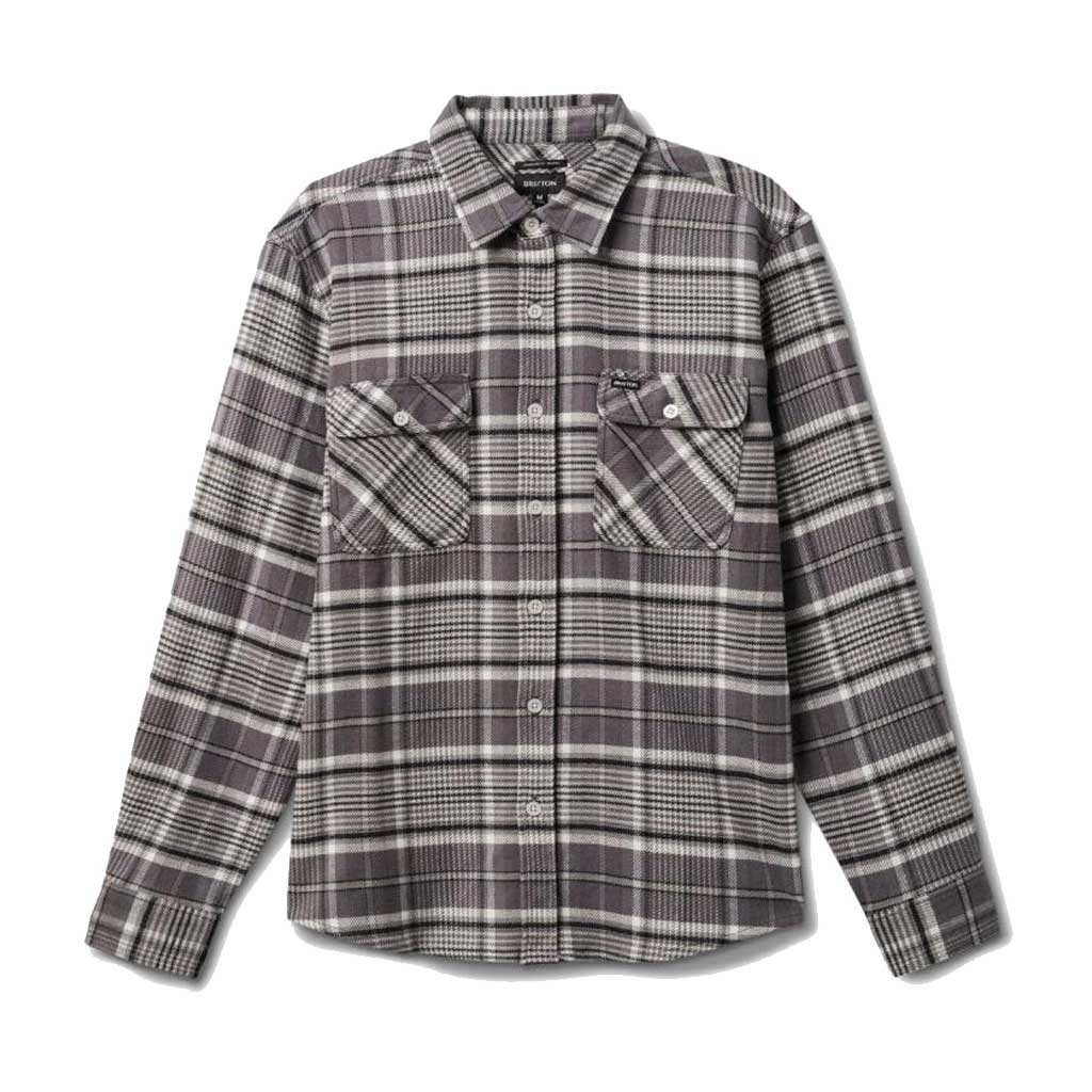 Brixton Bowery Stretch Water Resistant Long Sleeve Flannel Shirt for Men - Charcoal, Light Grey & Black Plaid - Outdoor Hiking, Camping & Casual Wear