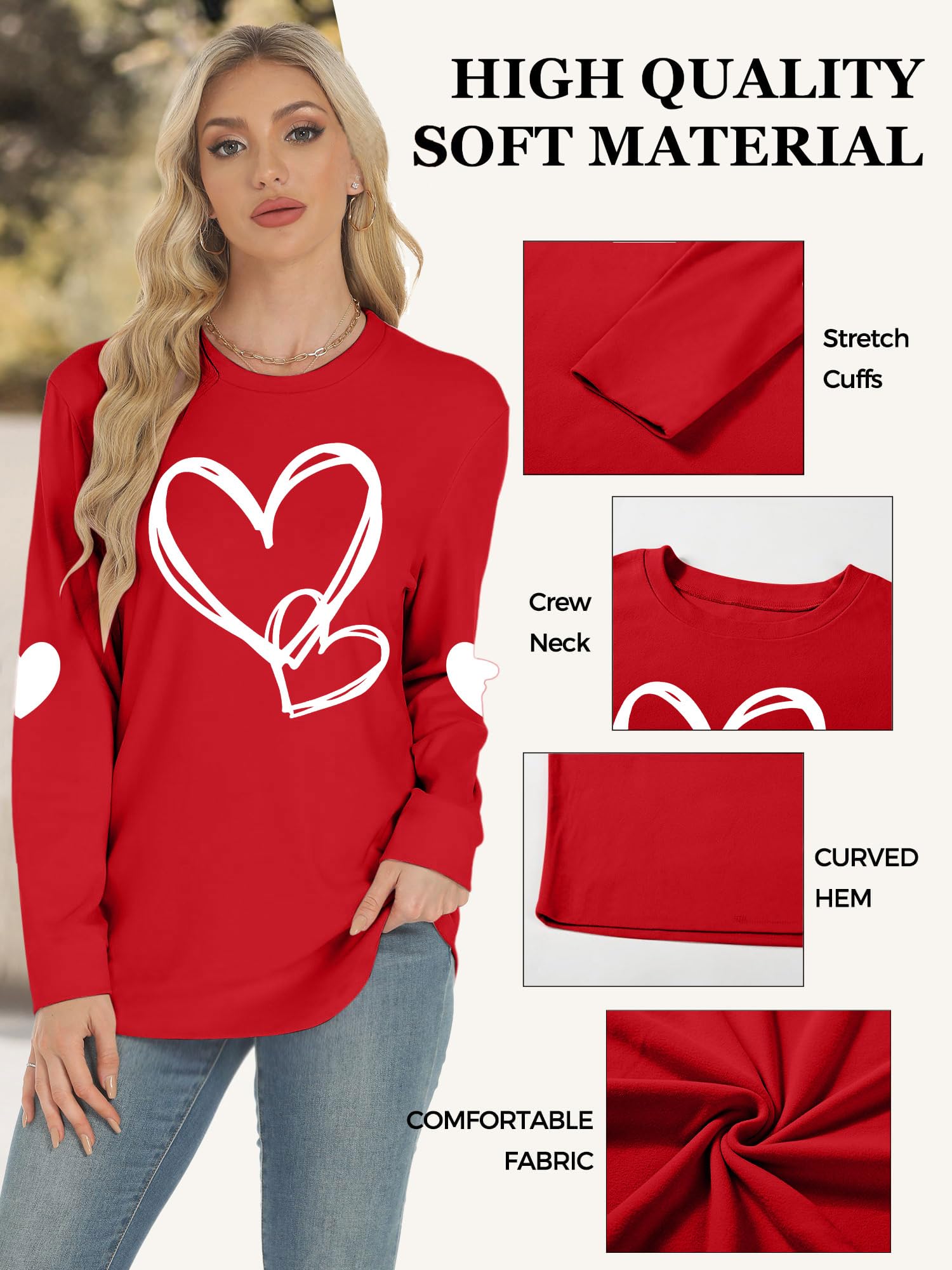 Valentine's Day Shirts for Women - Cute Heart Print Long Sleeve Graphic Tees - Casual Love T-Shirts & Tops - Perfect for Date Night, Gift Giving & Couple Outfits
