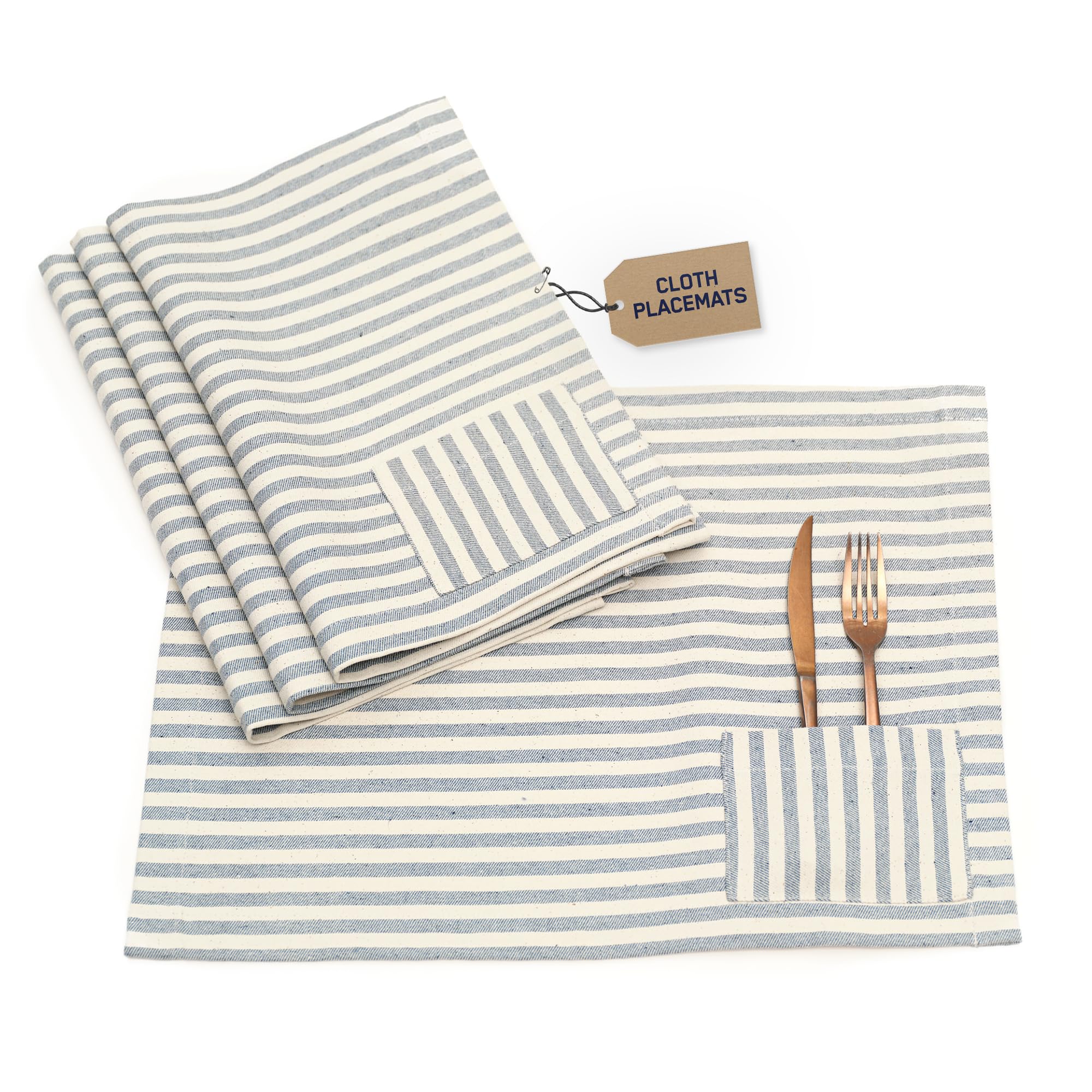 MEEMA 4-Pack Washable Placemats with Pockets - 14x20 Inch Recycled Denim & Cotton Farmhouse Table Mats for Dining Room, Kitchen, and Special Occasions | Rustic Striped Design for Home Decor and Holiday Gatherings