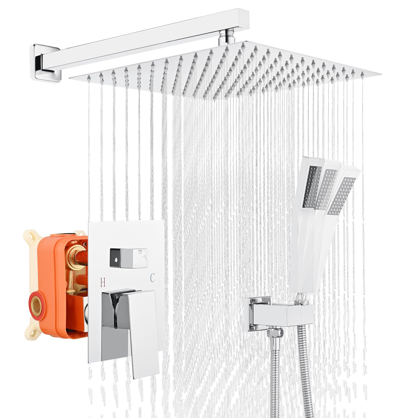 TONNY 12 Inch Chrome Rain Shower System - Complete Bathroom Square Shower Faucet Set with High Pressure Rainfall Shower Head, Handheld Combo & Wall Mounted Trim Kit (Includes Rough-in Valve) - Perfect for Modern Bathroom Renovation & Spa-Like Shower Experience
