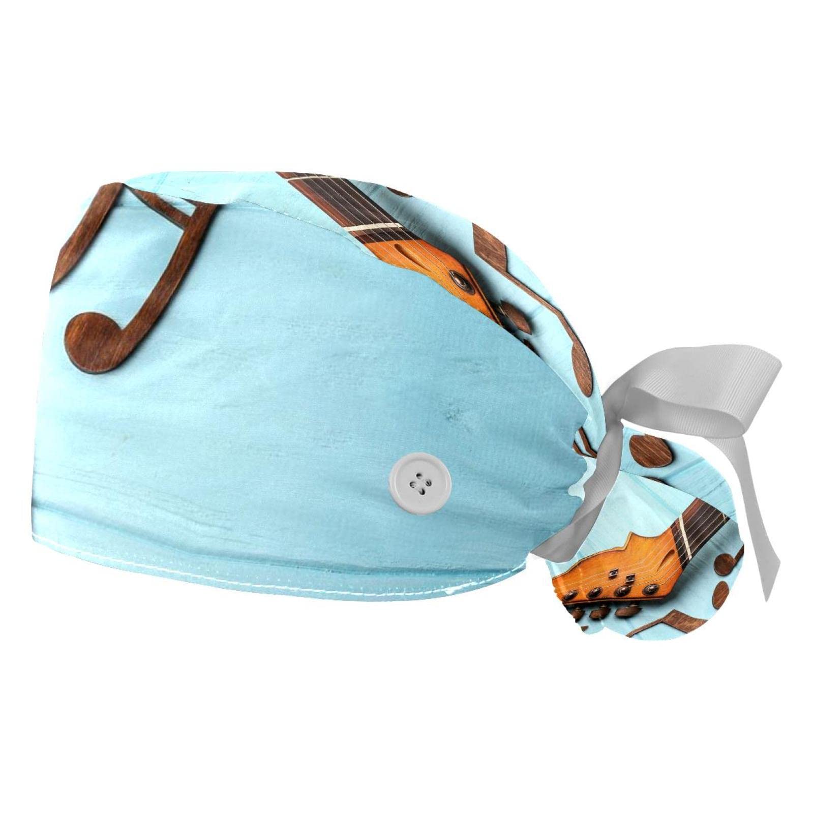 Vintage Rock Music Electric Guitar Note Working Cap with Buttons, Sweatband & Ribbon Tie Back Bouffant Hat - Perfect for Concerts, Music Festivals & Rock Enthusiasts