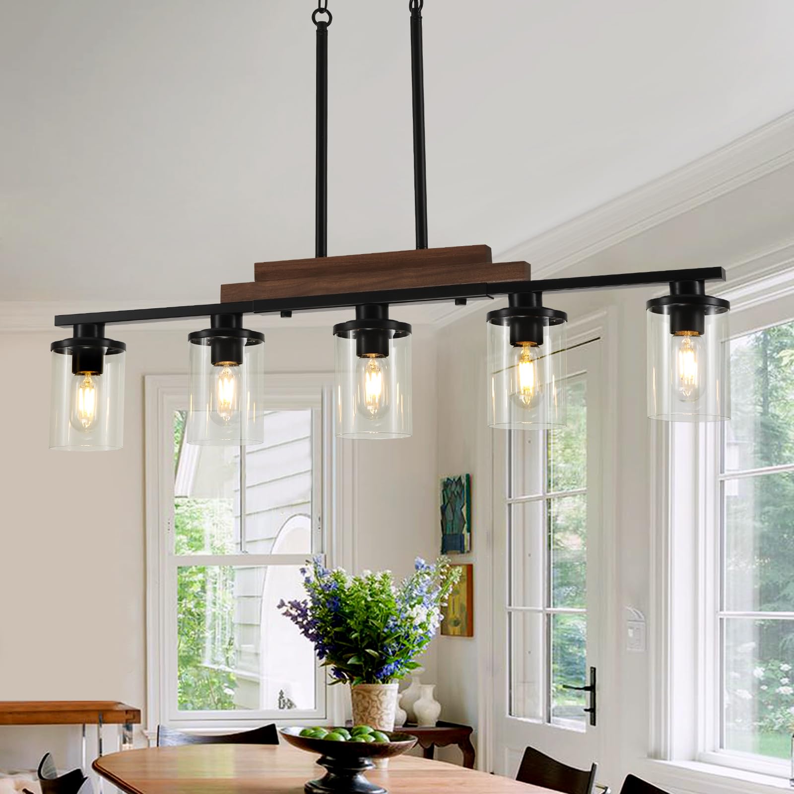 Modern Farmhouse 5-Light Linear Chandelier - Adjustable Height Kitchen Island Lighting with Clear Glass Shades, Rustic Wood Dining Room Light Fixture for Farmhouse, Industrial & Contemporary Decor (Perfect Over Dining Tables, Kitchen Islands & Open Concept Spaces)
