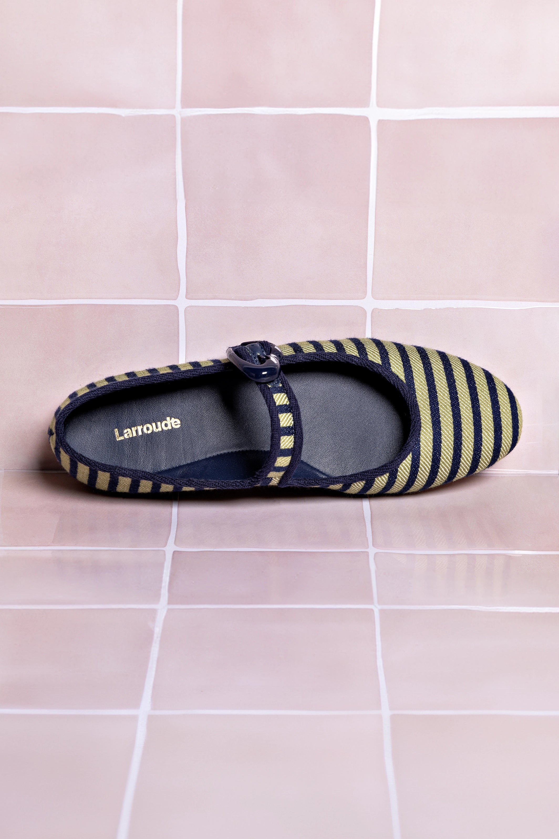 Verona Navy & Green Striped Ballet Flats with Navy Trim - Comfortable Women's Casual Shoes for Work, Travel & Everyday Wear