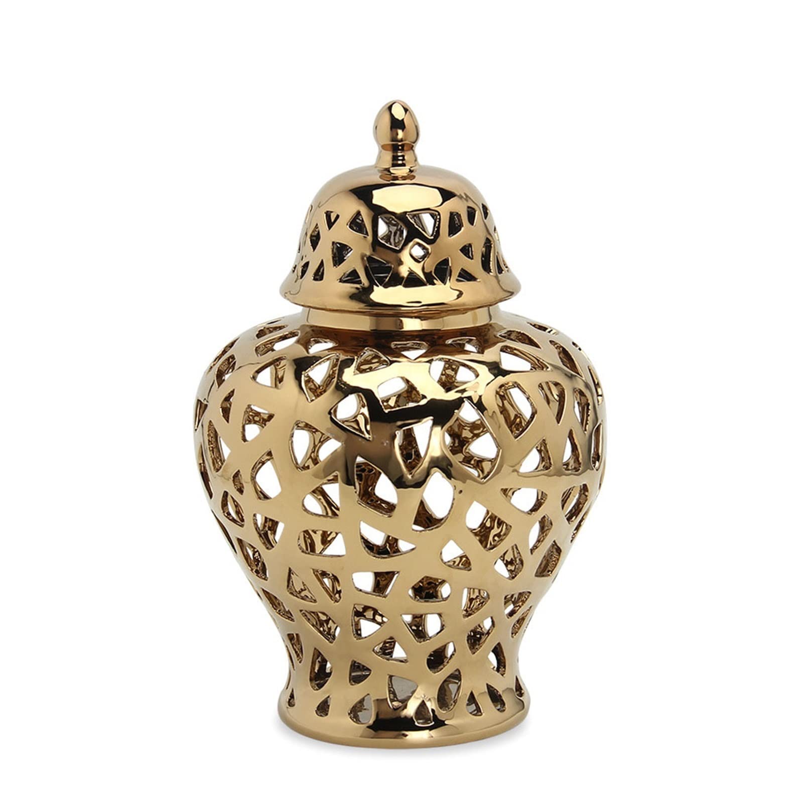Handmade Traditional Chinese Ceramic Ginger Jar with Lid - Carved Lattice Decorative Temple Jar, Pierced Covered Lantern in Glossy Gold Finish (Small Size) - Perfect for Home Decor, Wedding Centerpiece & Asian-Inspired Interior Design