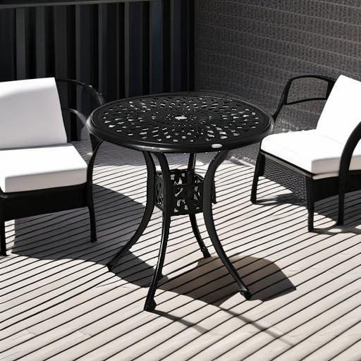 Outsunny 30 Inch Round Outdoor Patio Dining Table with Umbrella Hole - Antique Cast Aluminum Bistro Table for Garden, Backyard, Poolside - Weather Resistant Black Metal Table for Outdoor Entertaining