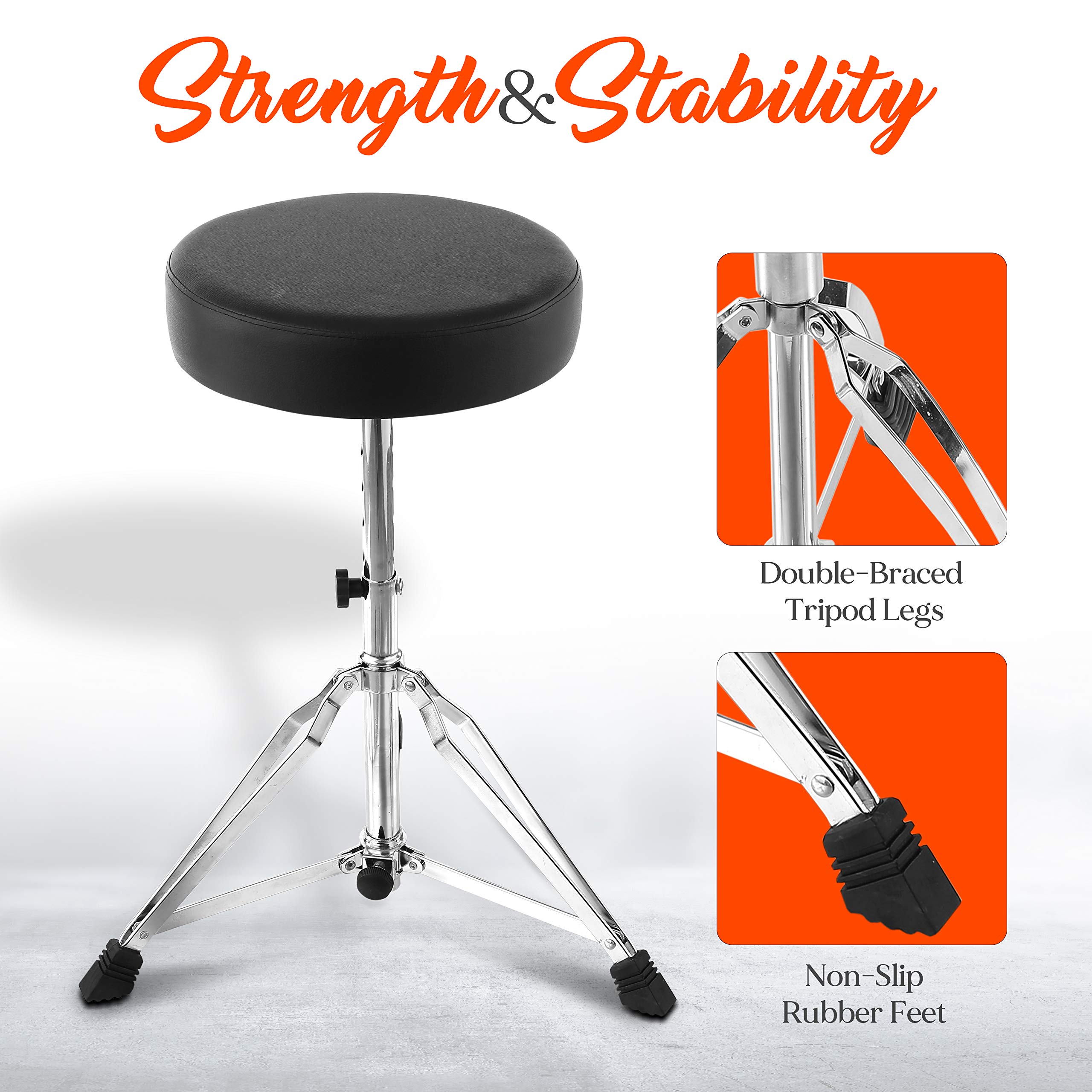 Pyle Adjustable Drum Throne Stool - Heavy Duty Double-Braced Tripod Base, Thick Foam Cushioned Seat, Non-Slip Rubber Feet, Foldable Steel Frame - Perfect for Drummers, Guitarists & Keyboard Players in Studio, Live Performances & Home Practice (21.25