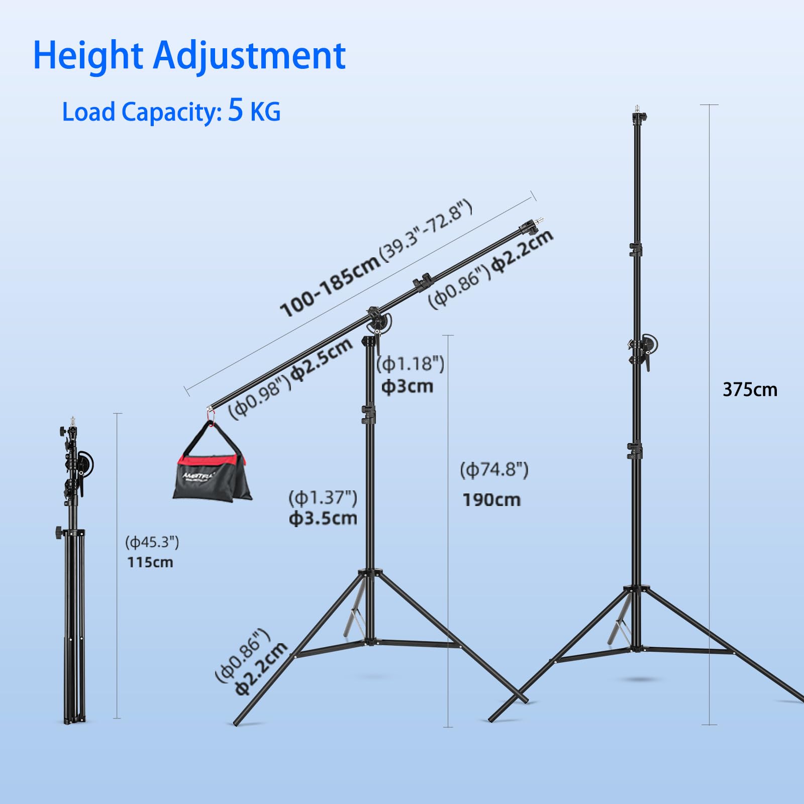 AMBITFUL 2-in-1 Photography Light Stand with Boom Arm - 10.4ft/3.2m Heavy Duty Adjustable Tripod Stand with 6ft/1.85m Holding Arm & Sandbag - Perfect for Studio Lighting, Monolights, Softboxes & Reflectors - Ideal for Portrait, Product & YouTube Photography