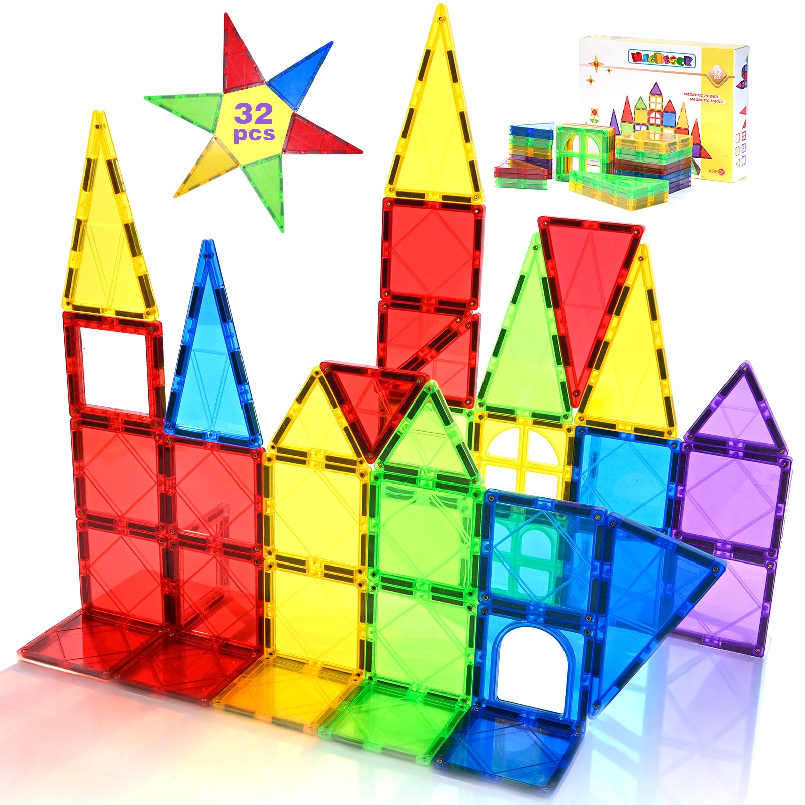 STEM Magnetic Tiles Toys for Kids - 32PCS Educational Building Blocks for Preschool Learning & Sensory Play