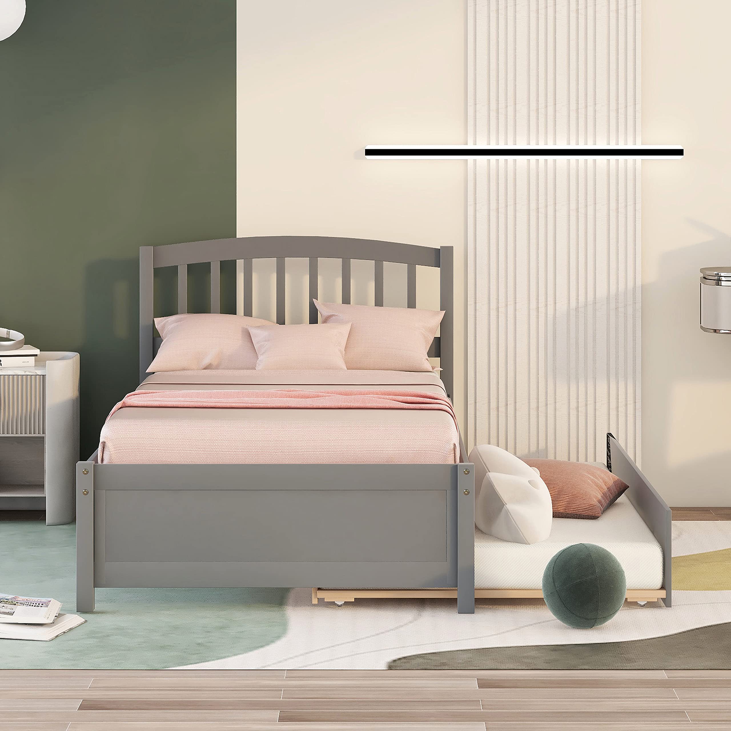 Harper & Bright Designs Twin Size Wood Platform Bed with Trundle - Solid Pine Wood Bed Frame with Headboard for Kids, Teens & Adults - No Box Spring Needed - Grey (Perfect for Guest Rooms, Kids' Bedrooms & Small Spaces)