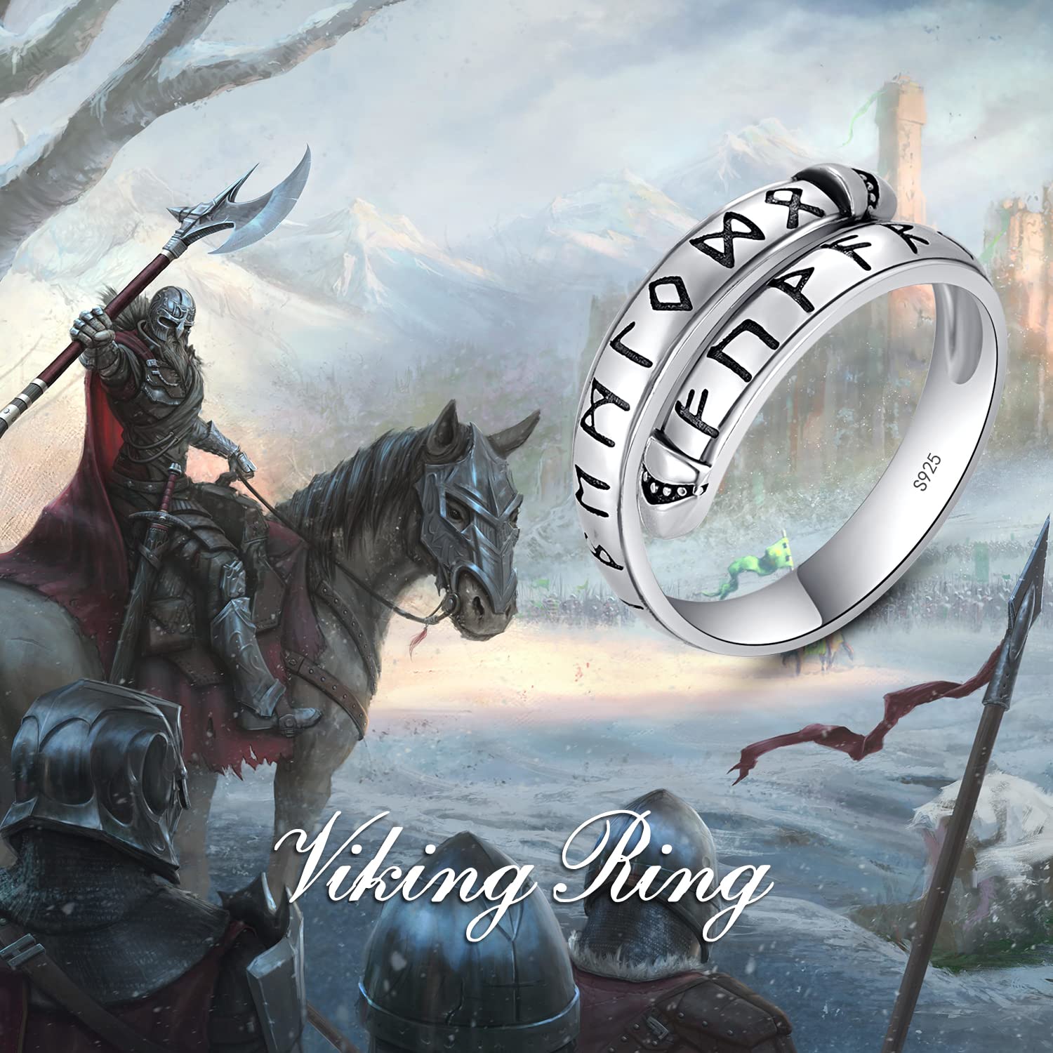 KINGWHYTE Adjustable 925 Sterling Silver Viking Ring with Nordic Runes & Vegvisir Compass - Norse Pagan Jewelry for Men & Women - Perfect for LARP, Cosplay, and Viking Enthusiasts