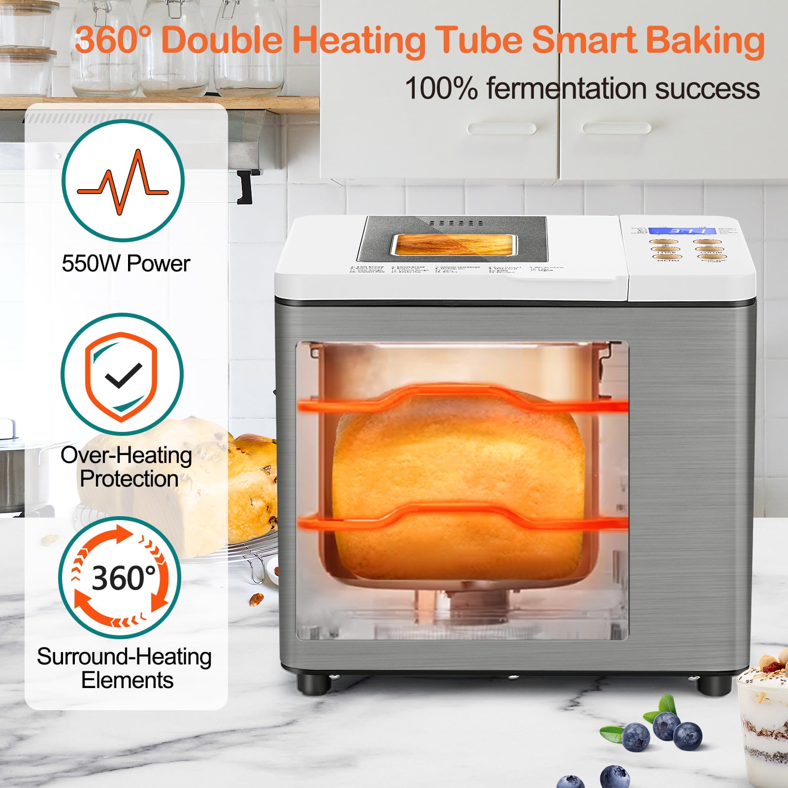 19-in-1 Smart Dual Heaters Bread Maker with Nonstick Ceramic Pan - 15H Timer & 1H Keep Warm - Stainless Steel Bread Machine for French, Gluten-Free, Sourdough - Perfect for Home Baking & Healthy Breakfast