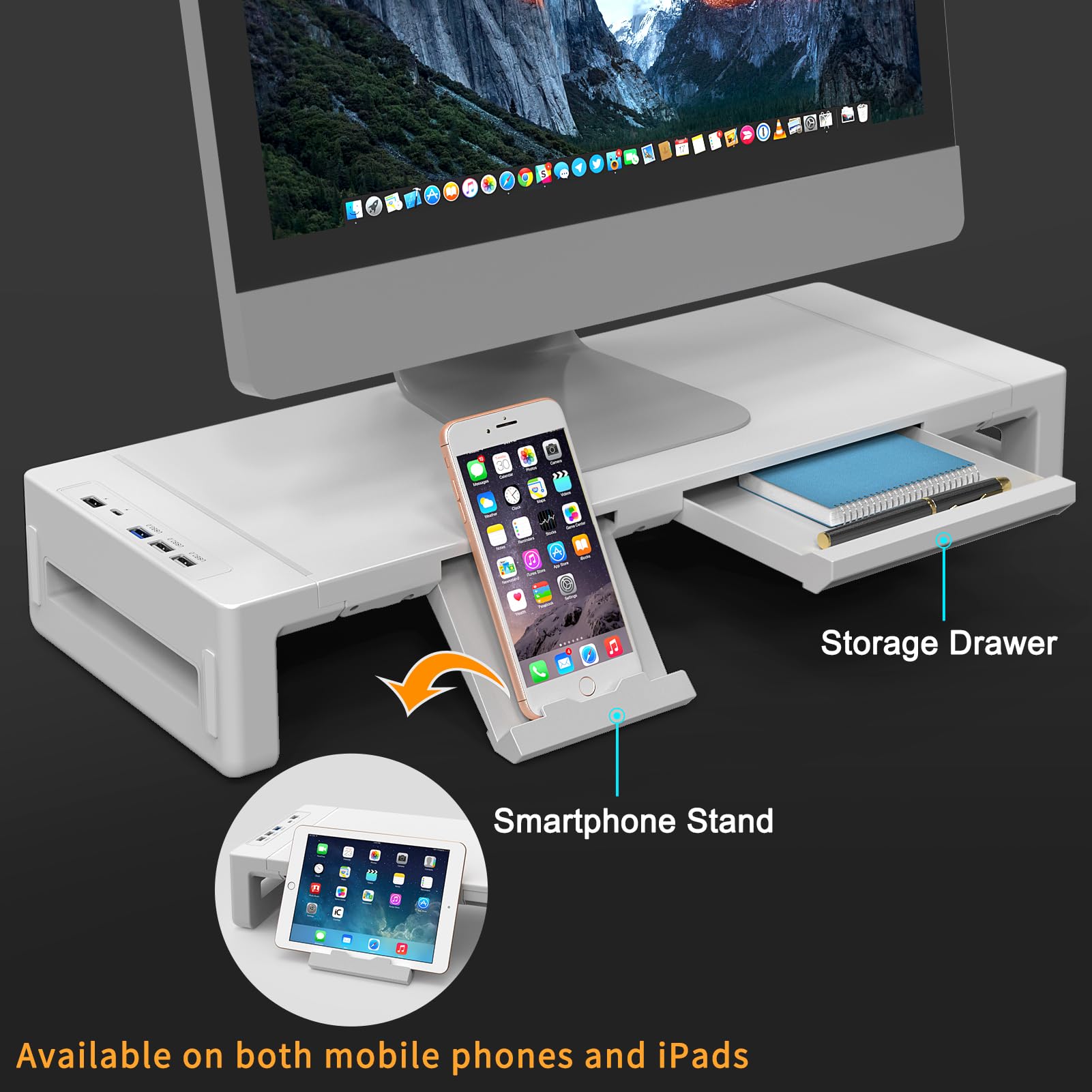 Adjustable Foldable Monitor Stand Riser with USB 3.0 Hub & Charging Port - Ergonomic Laptop & Computer Monitor Stand with Storage Drawer & Tablet Holder - Perfect for Home Office, Gaming Setup & Workspace Organization