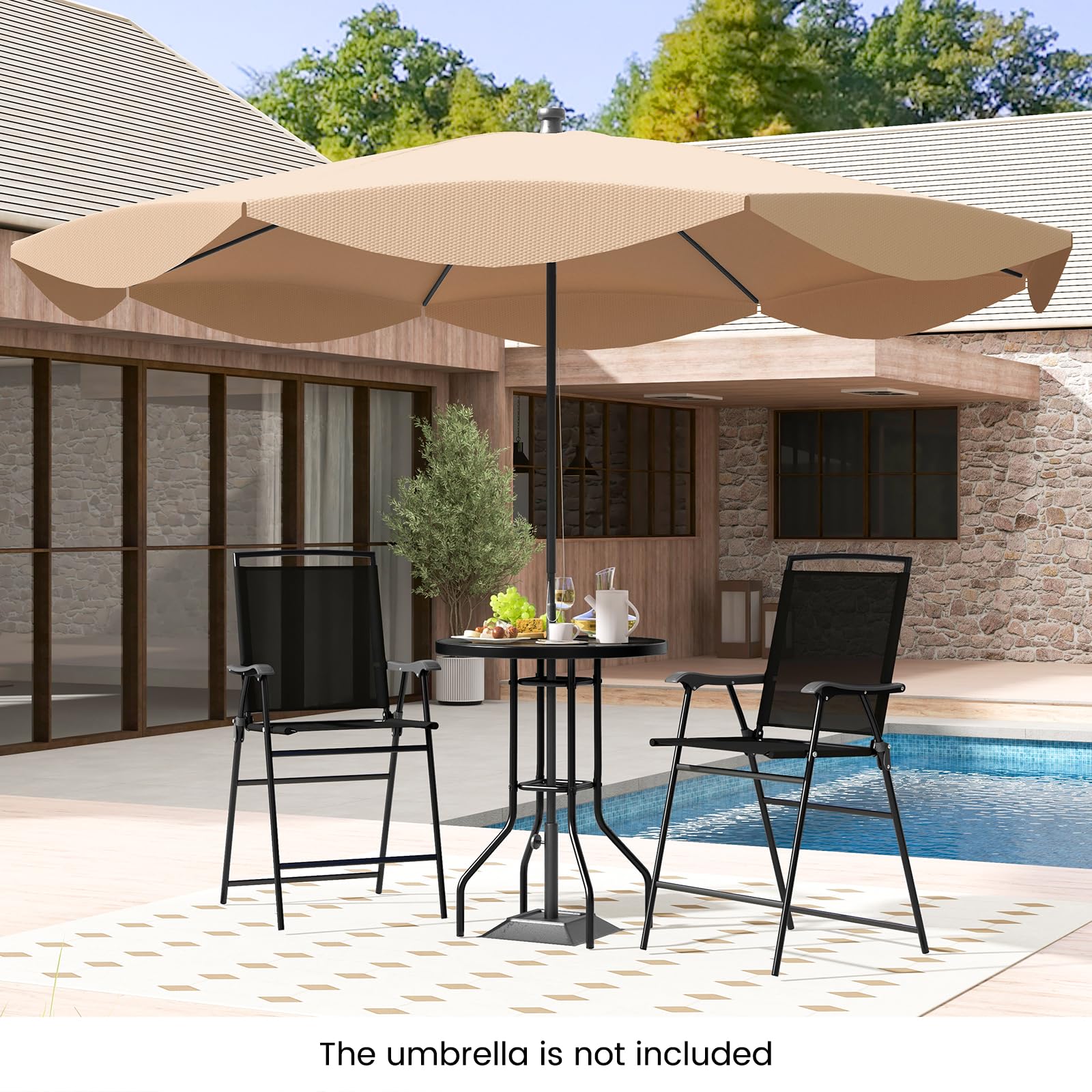 COSTWAY 3-Piece Outdoor Bistro Set with DPC Tabletop & Umbrella Hole - Round Patio Table & 2 Folding Bar Stools - Perfect for Poolside, Deck, Porch, Garden or Backyard Dining - Black