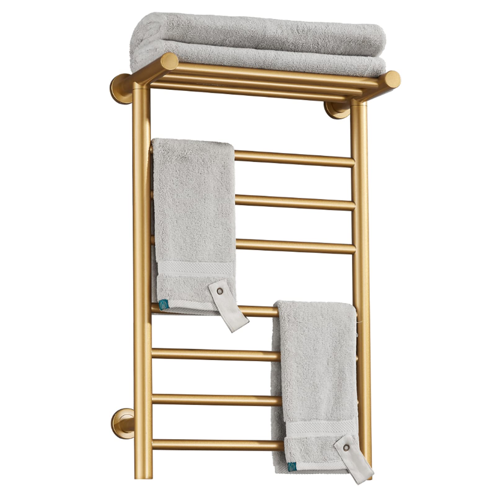 Stainless Steel Electric Heated Towel Rack - 7 Bar Wall Mounted Gold Towel Warmer with Top Shelf, Carbon Fiber Intelligent Heating for Bathroom (Hardwired) - Perfect for Spa, Luxury Hotels & Modern Home Bathrooms