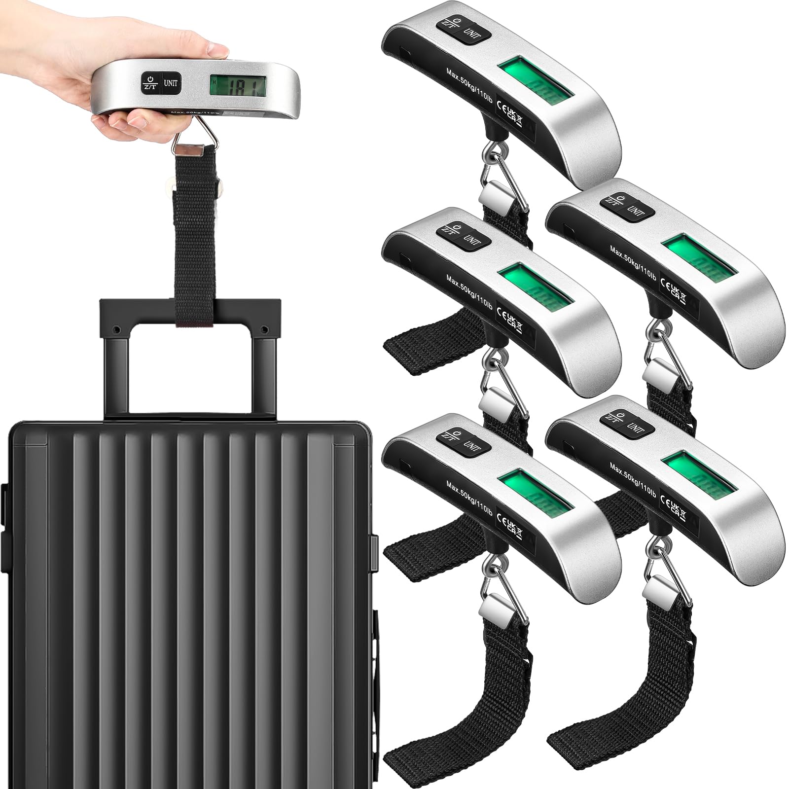 Nuenen 6-Piece Portable Digital Luggage Scale Set - 110LB/50KG Capacity Handheld Suitcase Weight Scale with Battery - Perfect for Air Travel, Cruise Vacations & Shipping Packages