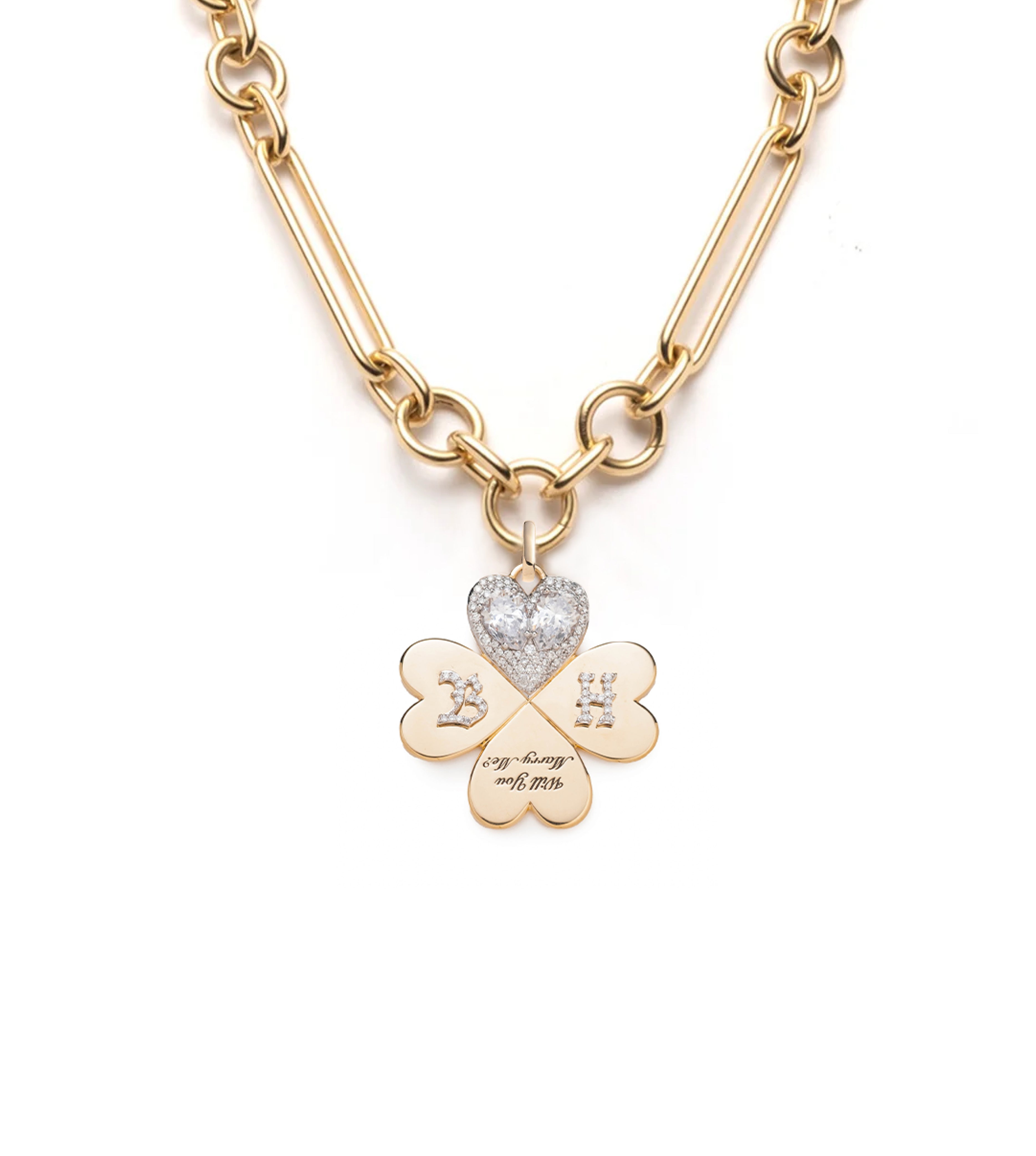 Custom 'Will You Marry Me' Oversized Mixed Clip Necklace in Yellow Gold with Pear Diamond - Perfect for Proposals, Anniversaries & Romantic Gifts