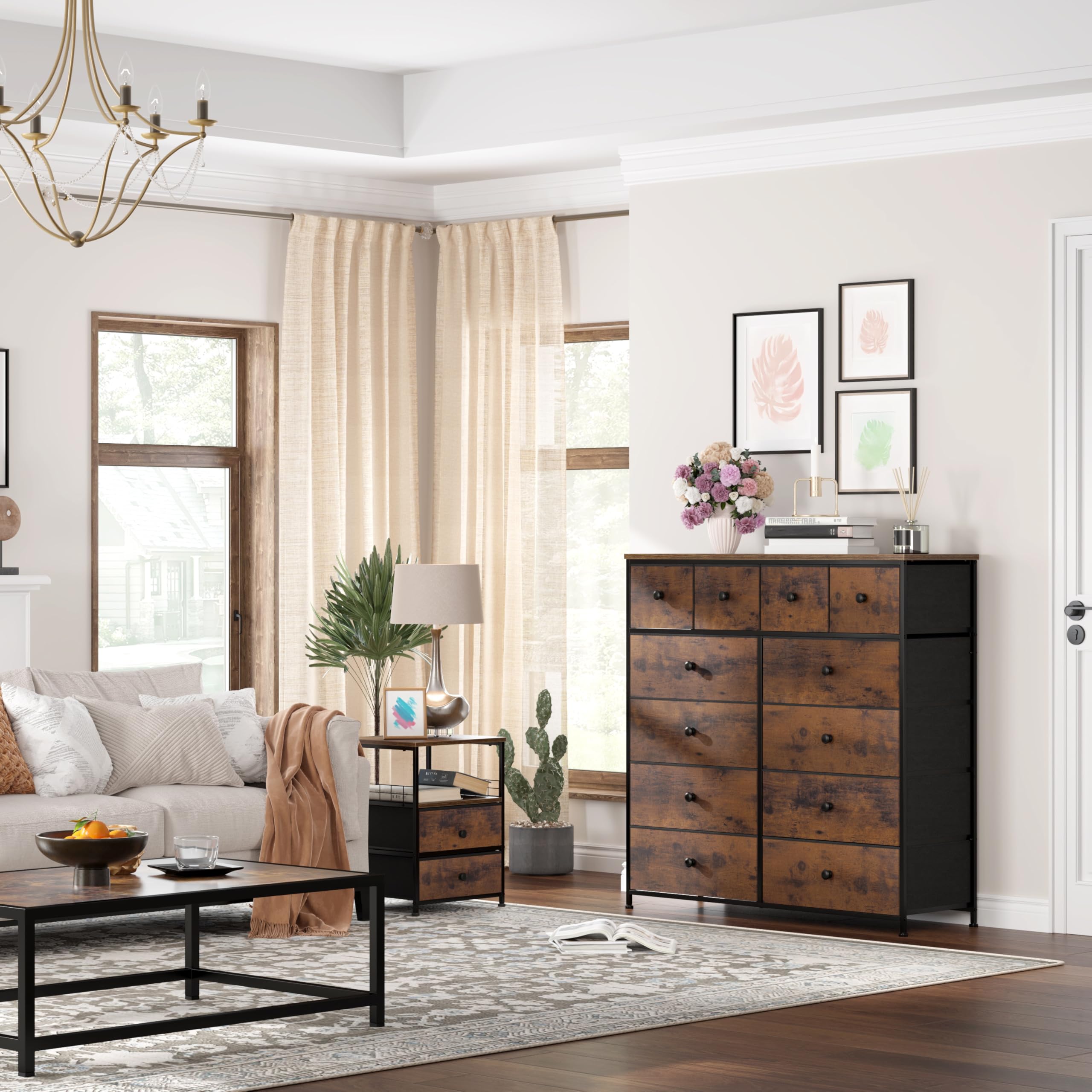 12-Drawer Tall Dresser for Bedroom with Wooden Top & Metal Frame - Rustic Brown Fabric Chest of Drawers (40.6