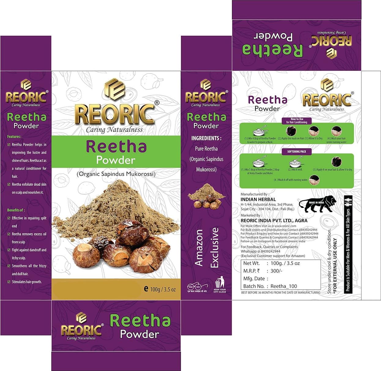Reoric Reetha Amla Hibiscus Powder for Hair Growth - 300g (Pack of 3) | Natural Shikakai, Soap Nuts & Indian Gooseberry Powder | Herbal Hair Care for Dandruff, Dry Scalp & Shine | Perfect for DIY Shampoo, Hair Masks & Ayurvedic Treatments