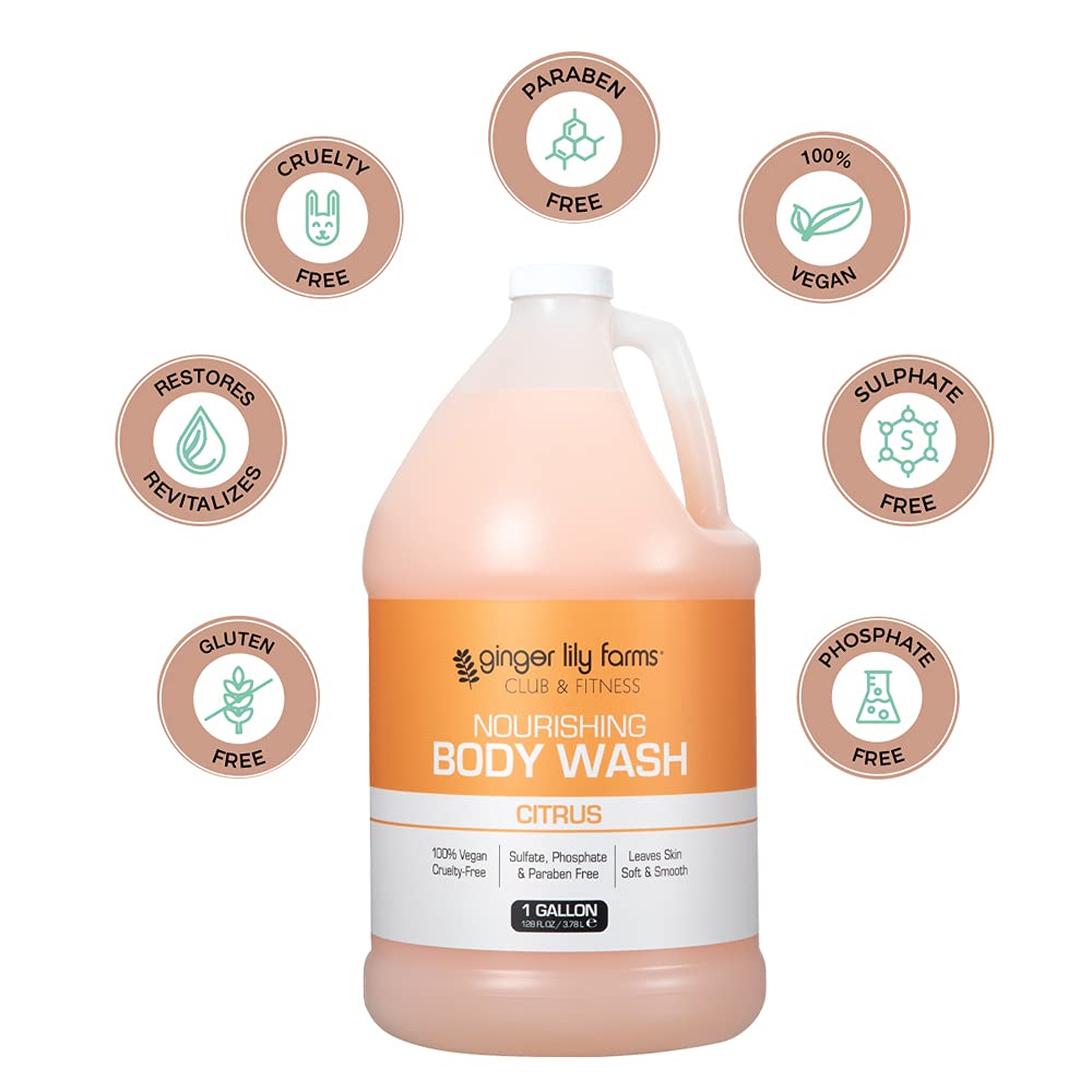 Ginger Lily Farms Club & Fitness Nourishing Body Wash - 100% Vegan & Cruelty-Free Citrus Scented Shower Gel - 1 Gallon Refill (Pack of 4) - Perfect for Gyms, Spas & Active Lifestyles
