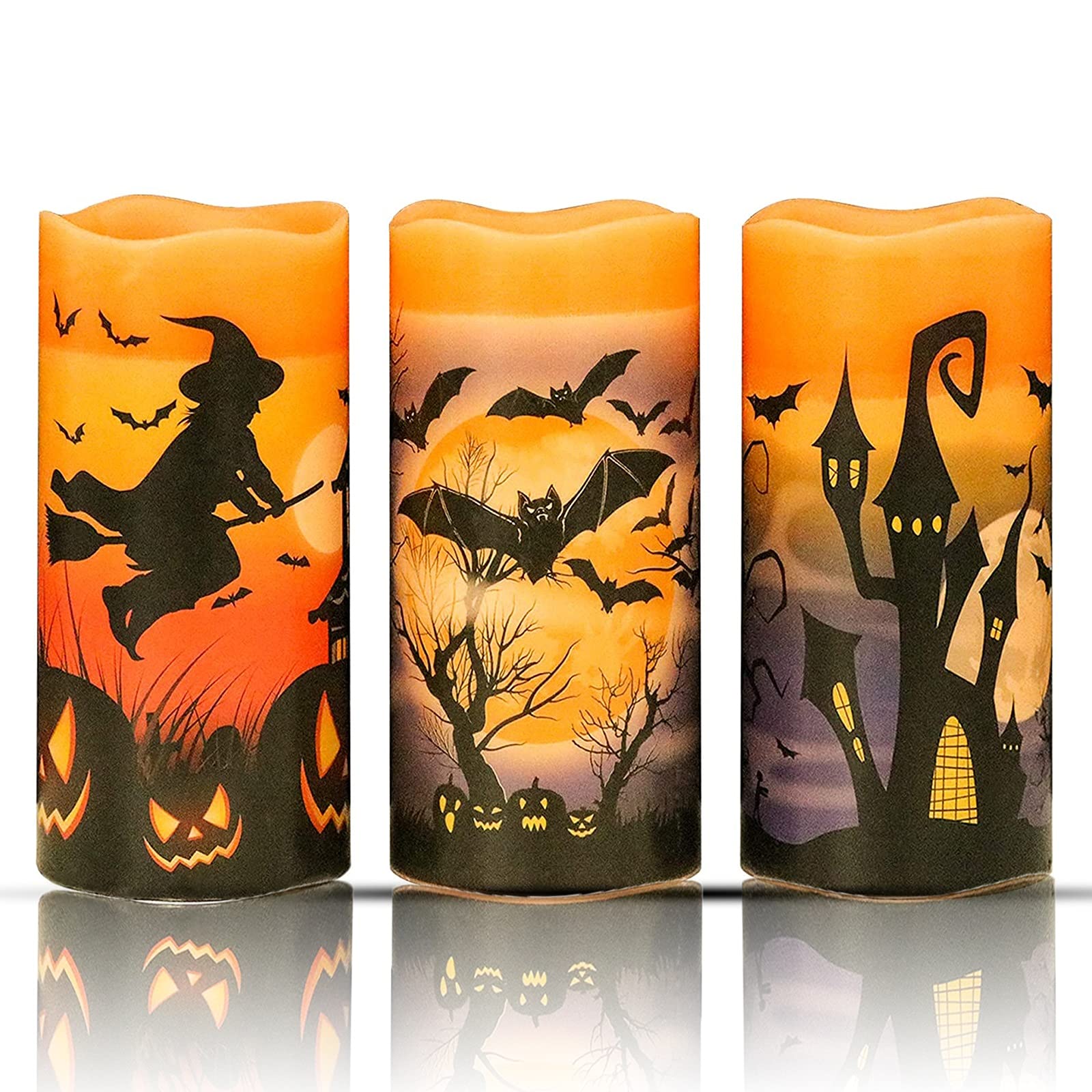Halloween LED Flameless Candles - Set of 3 with Witch & Bats Decor for Home Party