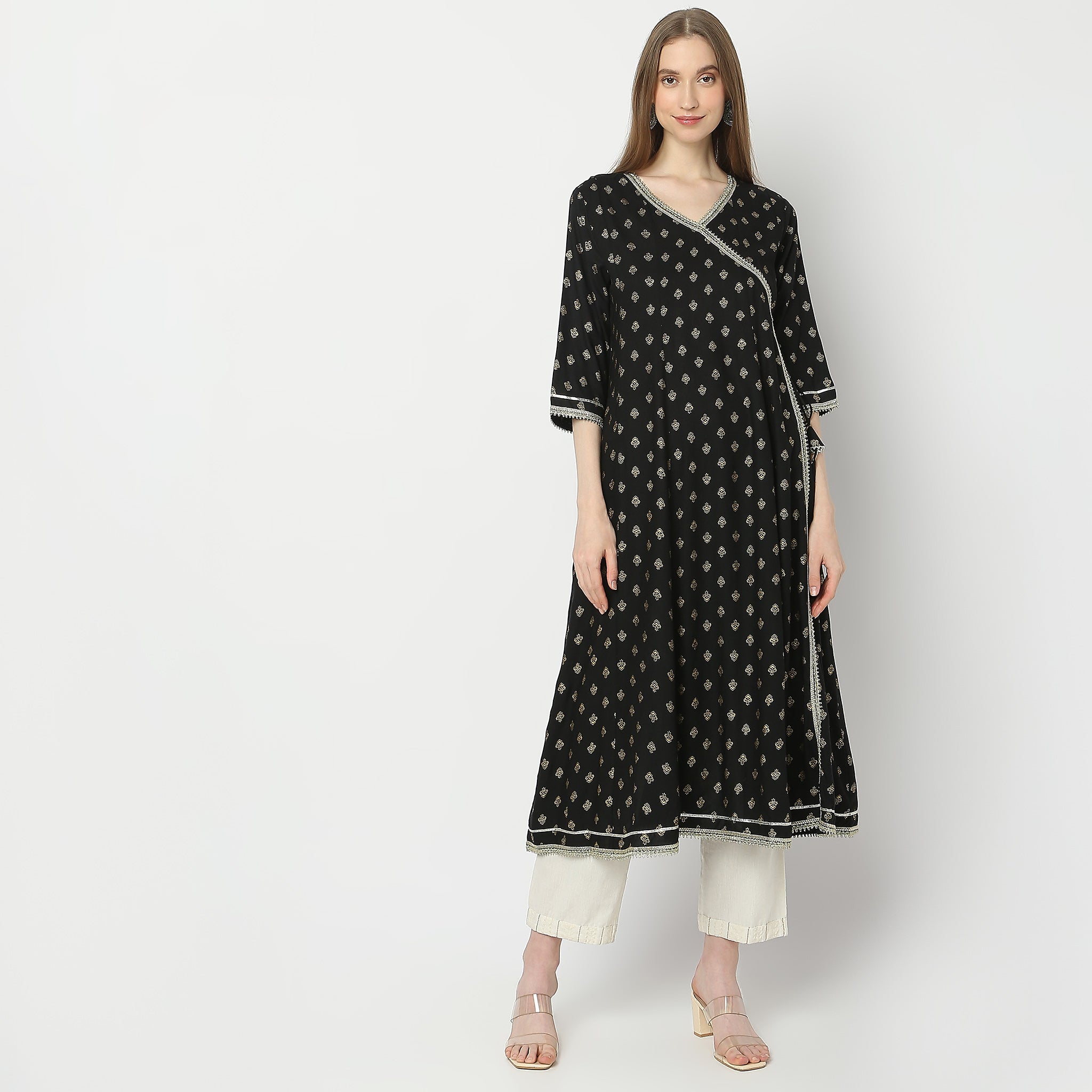 Flare Fit Printed V Neck Kurta for Women - Stylish Indian Ethnic Wear for Parties, Weddings & Festivals