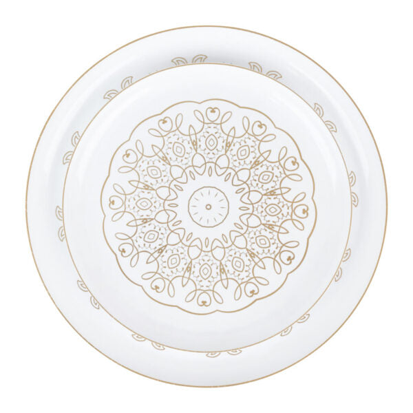 20-Pack White and Gold Round Plastic Dinnerware Set - Elegant Medallion Design for 10 Guests - Perfect for Weddings, Parties, and Formal Events