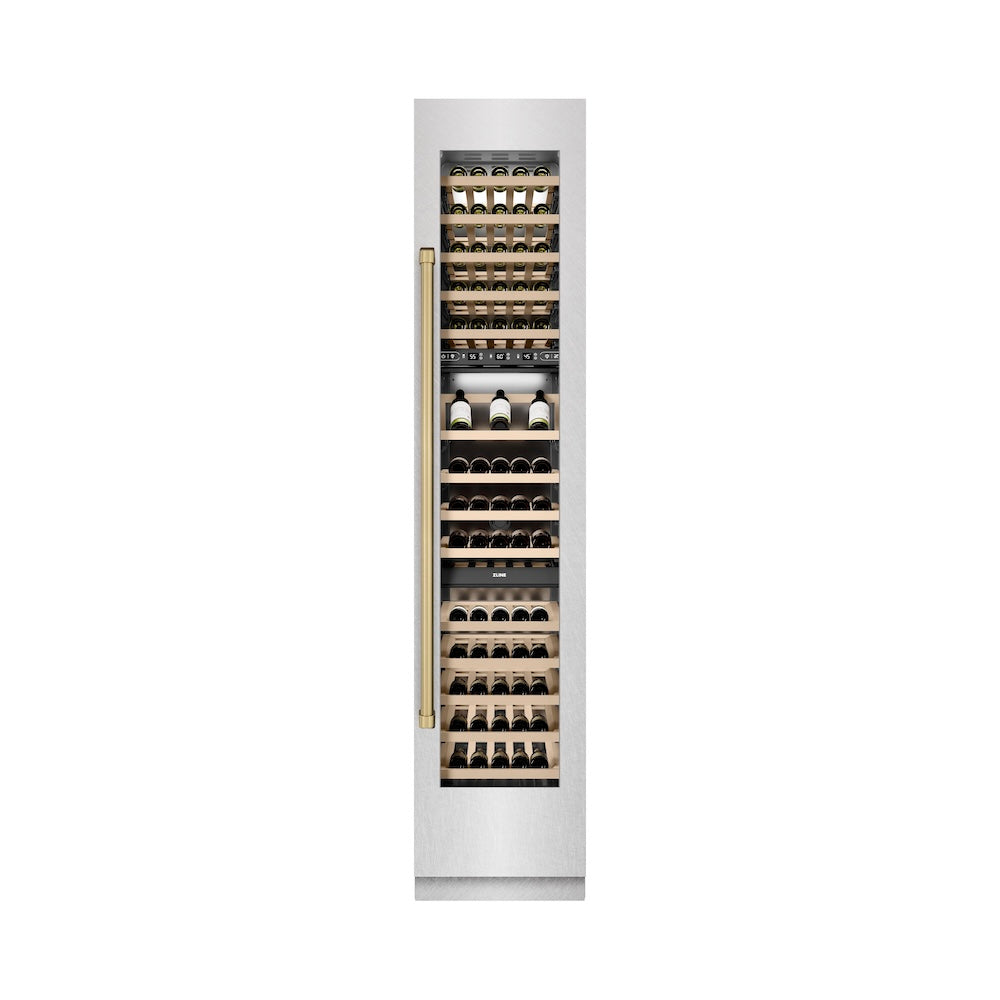 ZLINE Autograph Edition 18 Inch 9.0 cu ft Triple Zone 68 Bottle Right Hinge Column Wine Cooler - Satin Stainless Steel with Champagne Bronze Accents (RCWVRZ SN 18 CB) | Perfect for Wine Cellars, Restaurants, and Home Bars