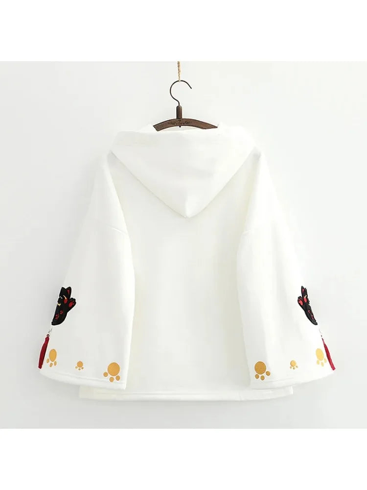 Black Harajuku Fox Embroidery Women's Hoodie - Winter Casual Pullover Sweatshirt with Flare Sleeves, Korean Style Tracksuit Top for Streetwear & Loungewear