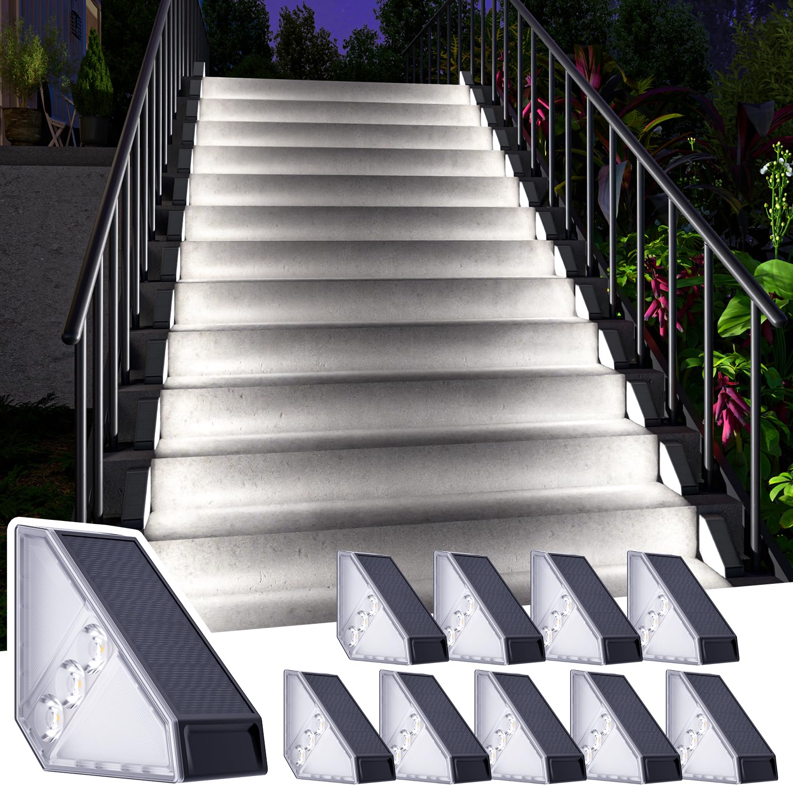 ROSHWEY 10 Pack Solar Step Lights for Outdoor Stairs - Waterproof Triangle Deck Lights with Cool White LED - Solar Powered Pathway Lighting for Front Porch, Backyard, Patio, Garden & Walkways - Perfect for Nighttime Safety and Landscape Decor