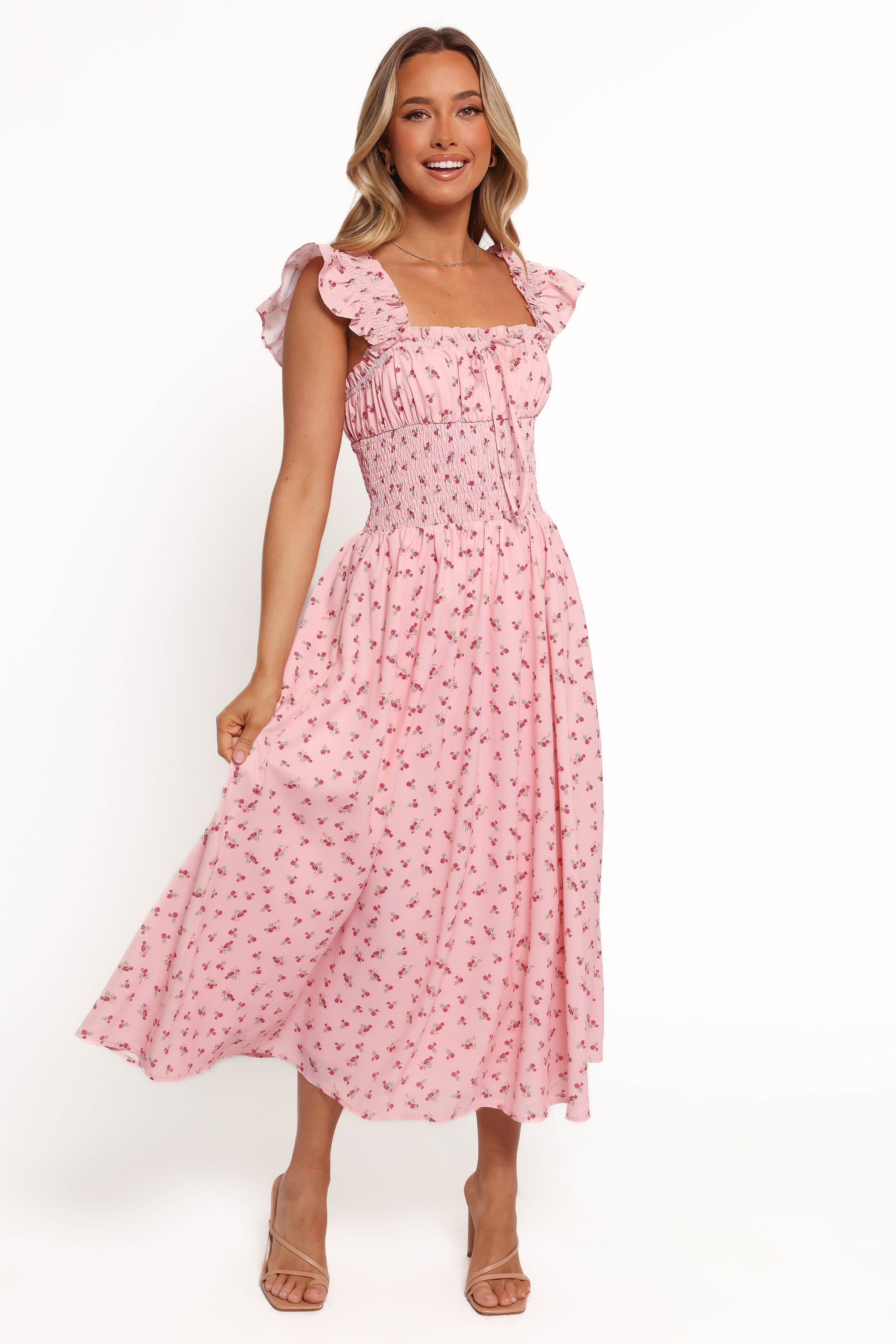 Bronte Midi Dress - Pink Floral Print Summer Dress for Women | Perfect for Beach Vacations, Garden Parties & Date Nights