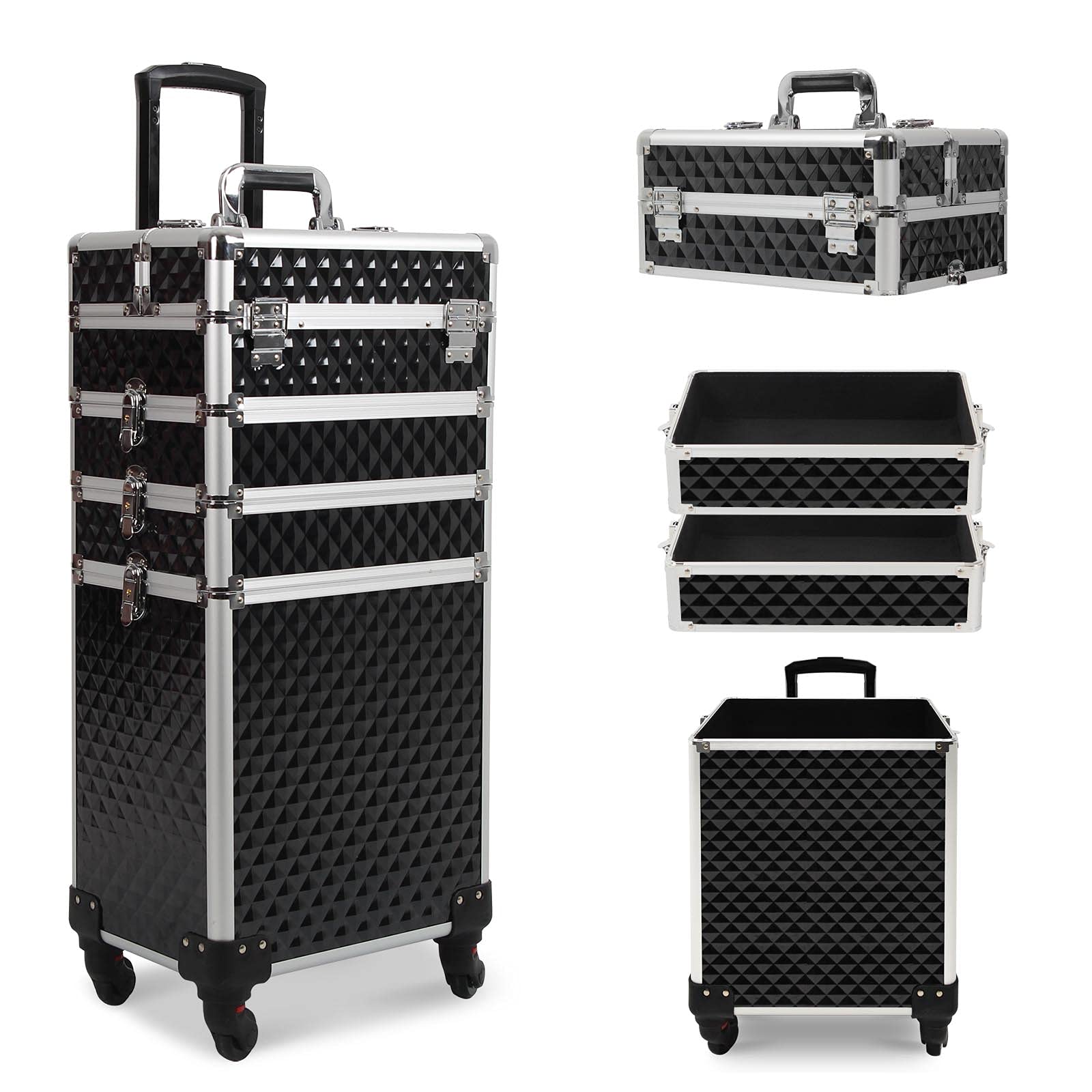4 in 1 Professional Aluminum Makeup Train Case - Large Capacity Rolling Cosmetic Trolley with Folding Trays & Compartments | Perfect for Travel, Salon, and Beauty Storage Organization