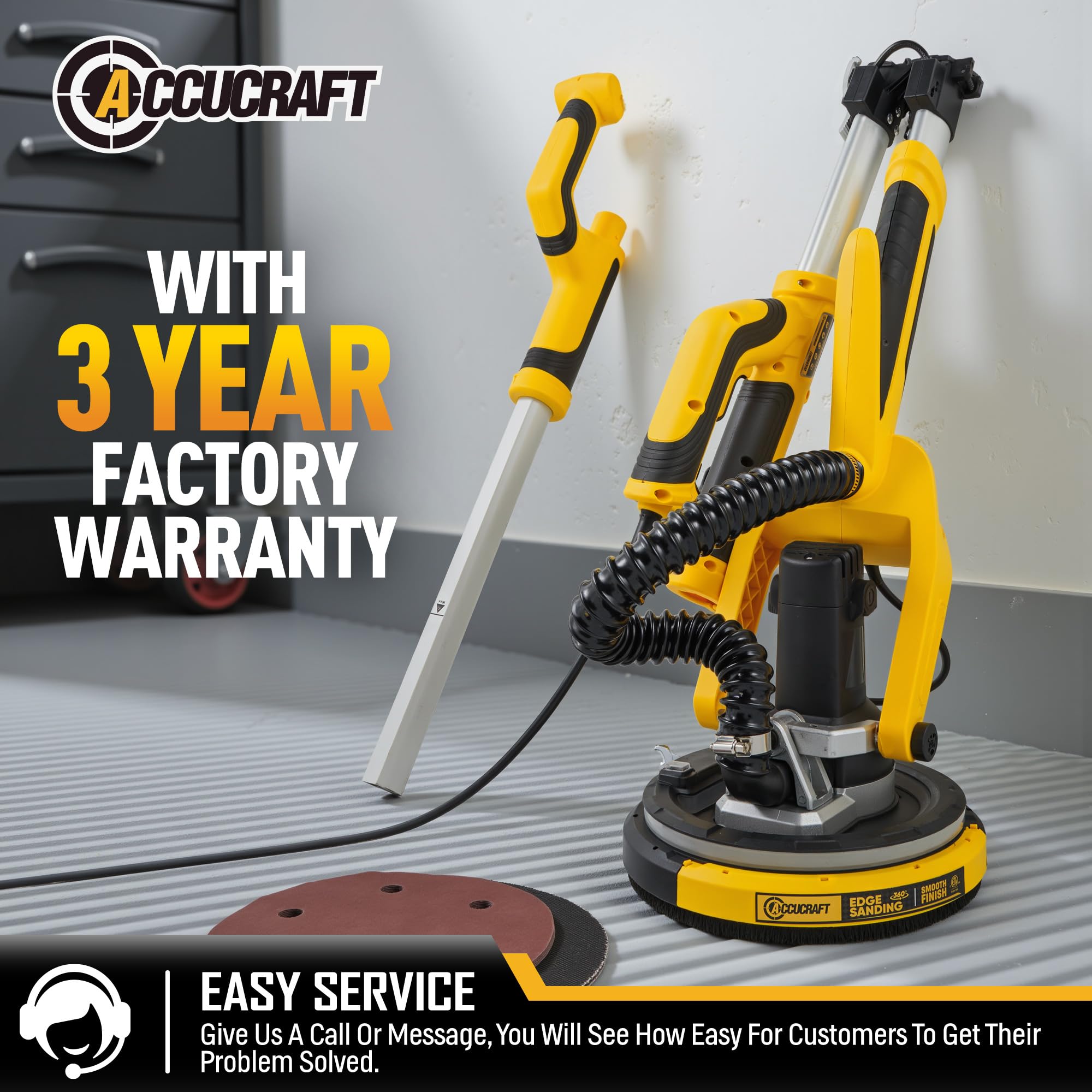 Powerful Electric Drywall Sander with Vacuum - Auto Dust Absorption, Dust-Free Design, 7 Variable Speeds (900-1800 RPM), 26' Power Cord & LED Light - Perfect for Popcorn Ceiling Removal, Wall Smoothing, and Home Renovation Projects