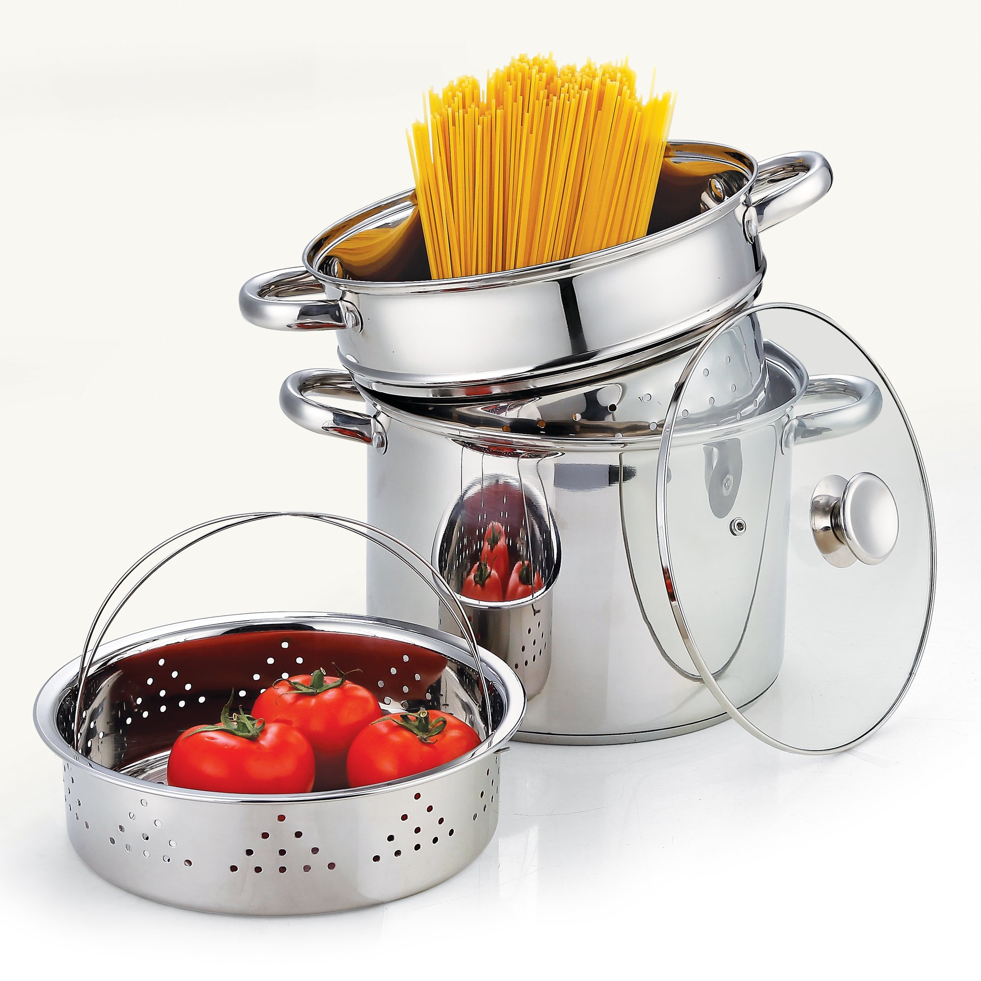 Cook N Home 4-Piece 8 Quart Stainless Steel Multipot Set with Pasta Cooker & Steamer | 12-Piece Basic Kitchen Cookware Set | Pots & Pans for Cooking, Boiling & Steaming | Perfect for Family Meals & Entertaining
