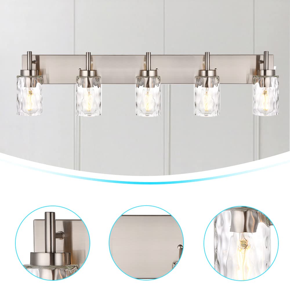 BONLICHT 5-Light Transitional Vanity Lighting Fixture - Brushed Nickel with Clear Hammered Glass Shade, Farmhouse Bathroom Wall Sconce, Contemporary Indoor Wall Mount Light for Kitchen Sink, Bedroom, Hallway & Entryway