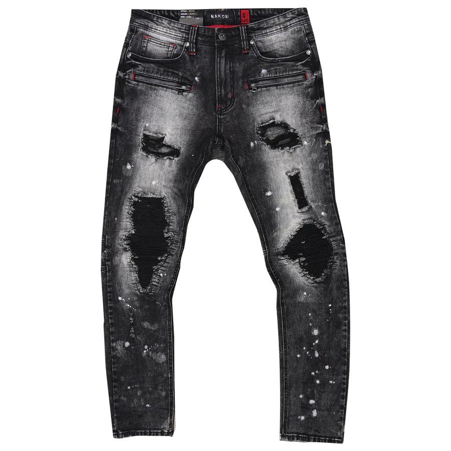Makobi M1771 MAKOBI PETANI Distressed Shredded Jeans with Bleach Spots - Black Wash Denim Pants for Men & Women | Perfect for Casual Wear, Street Style & Outdoor Adventures