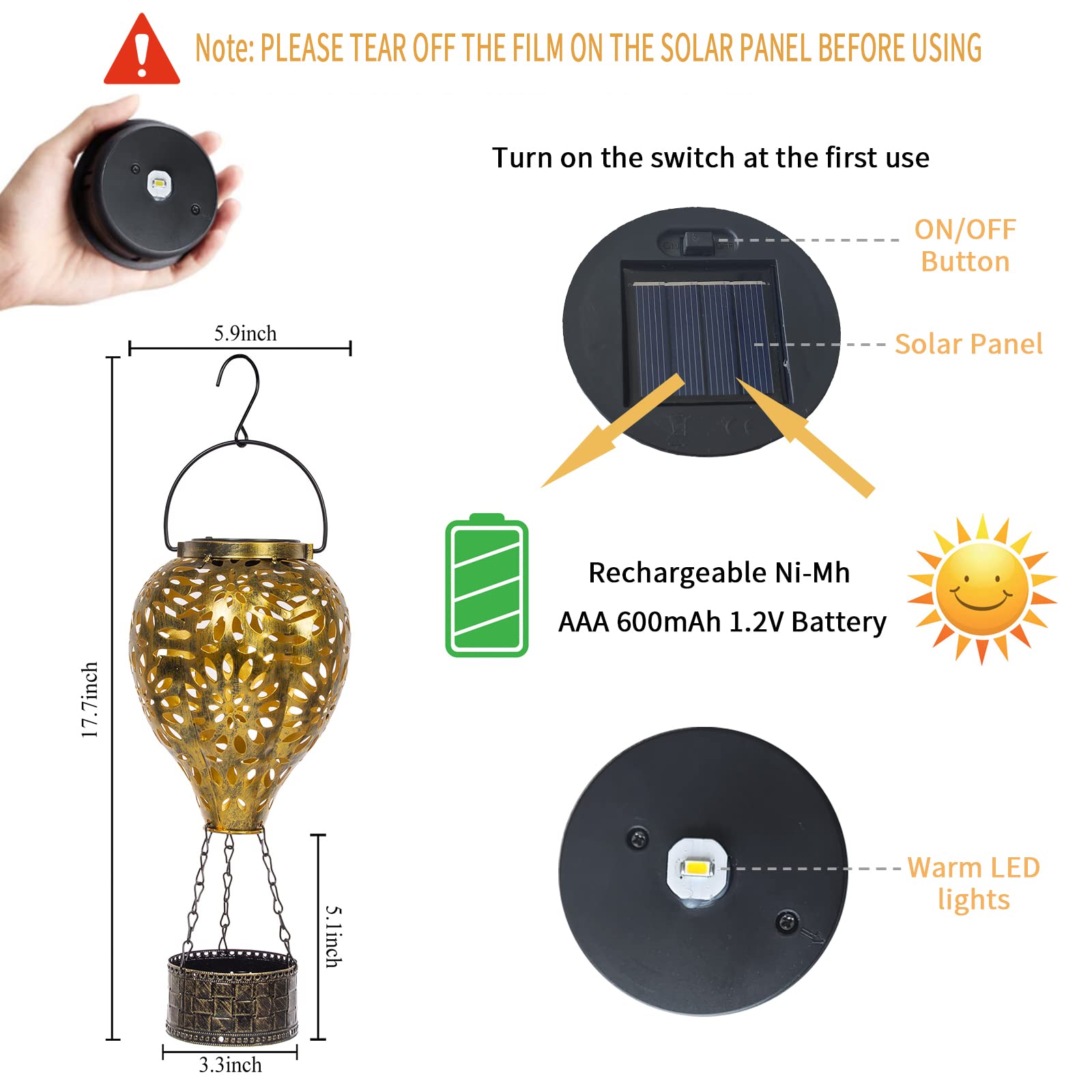Solar Powered Hanging Lantern - Waterproof Outdoor Metal LED Light for Garden, Patio, Yard & Porch Decor | Gold Finish | Perfect for Romantic Evenings, Backyard Parties & Landscape Lighting