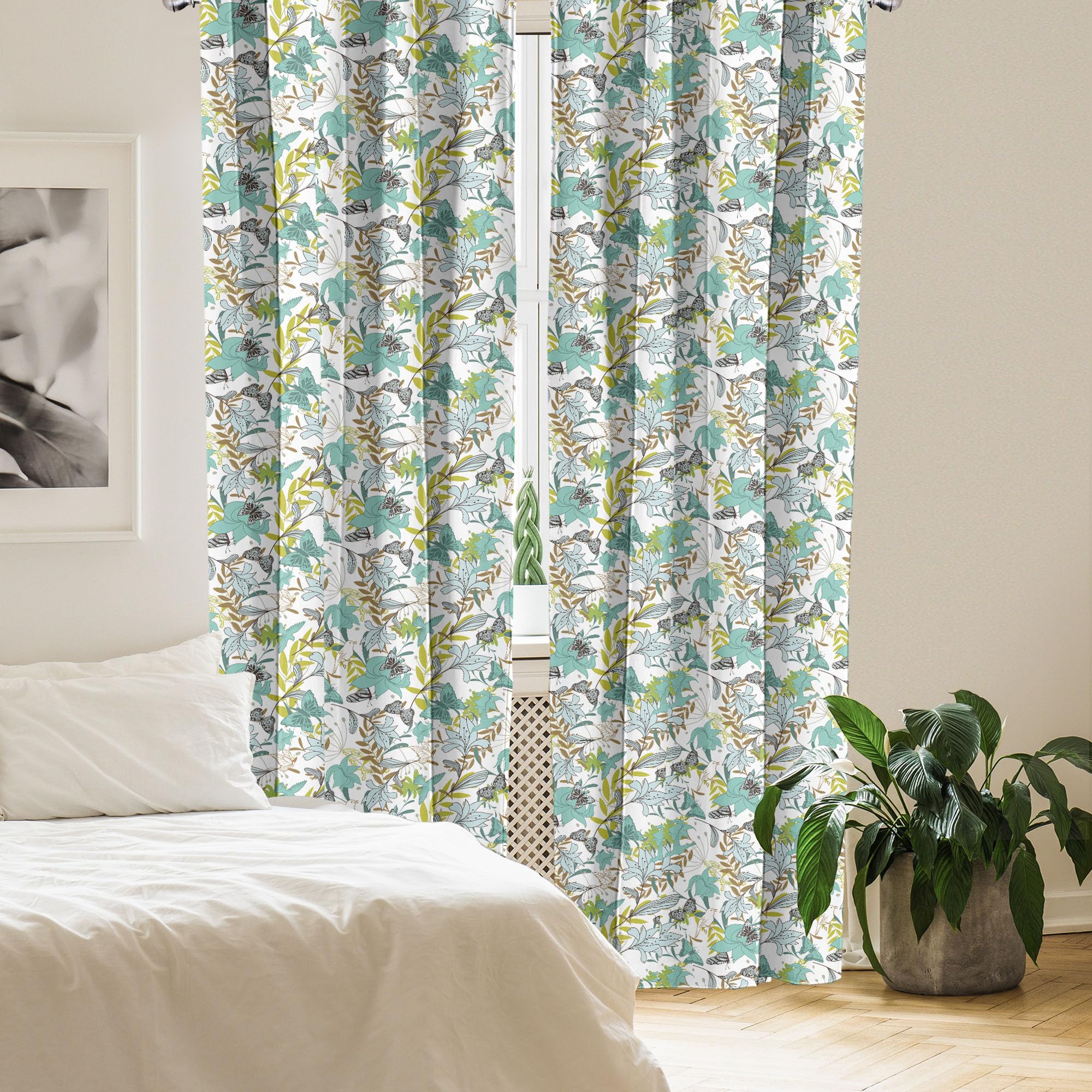 Ambesonne Floral Window Curtains with Flying Birds & Butterflies - Wildflower Nature Design Lightweight Decor 2-Panel Set (28