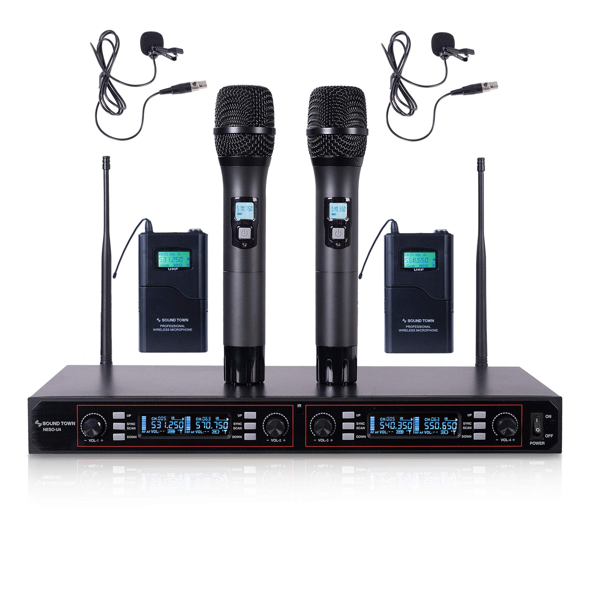 Professional Sound Town NESO-U4HL 200-Channel UHF Wireless Microphone System - Metal Rack Mount Receiver, 2 Handheld Mics, 2 Lavalier Mics & 2 Bodypack Transmitters for Live Performances, Church Events & Conference Presentations