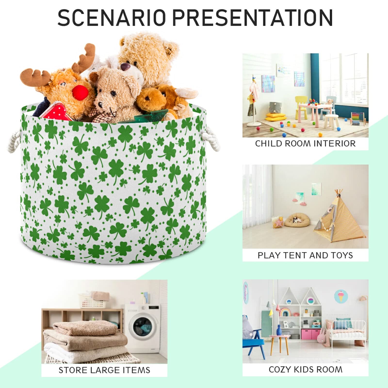 St. Patrick's Day Green Shamrock Clover Storage Basket - Foldable Round Organizer Bin with Handles for Baby Nursery, Toys & Clothes - Waterproof Laundry Hamper for Home, Dorm & Party Decor