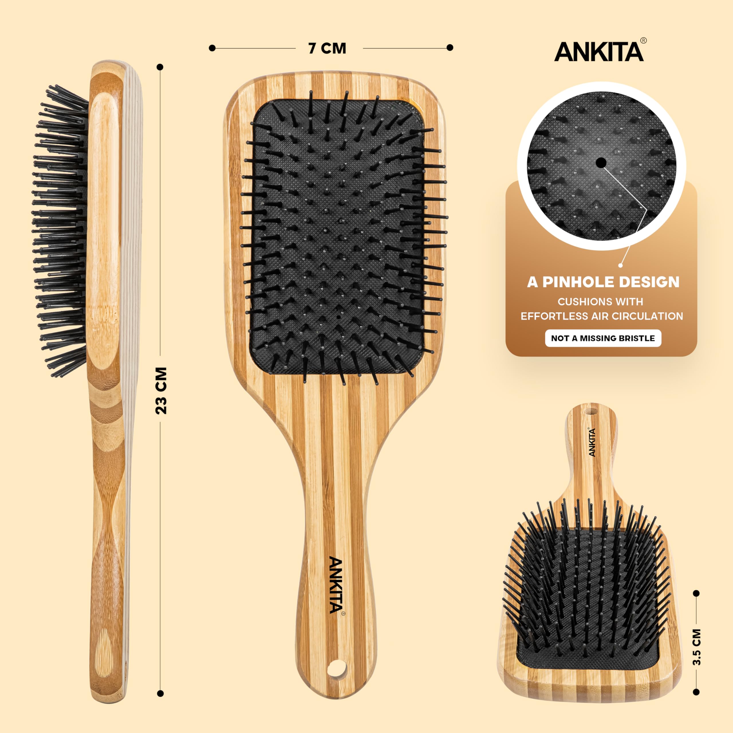 Ankita Bamboo Wood Paddle Hair Brush with Nylon Bristles - Strong & Flexible Soft Bristles for Grooming, Straightening, Smoothing & Detangling Hair - Ideal for Men & Women (A24) | Perfect for Daily Hair Care, Salon Styling & Travel Essentials