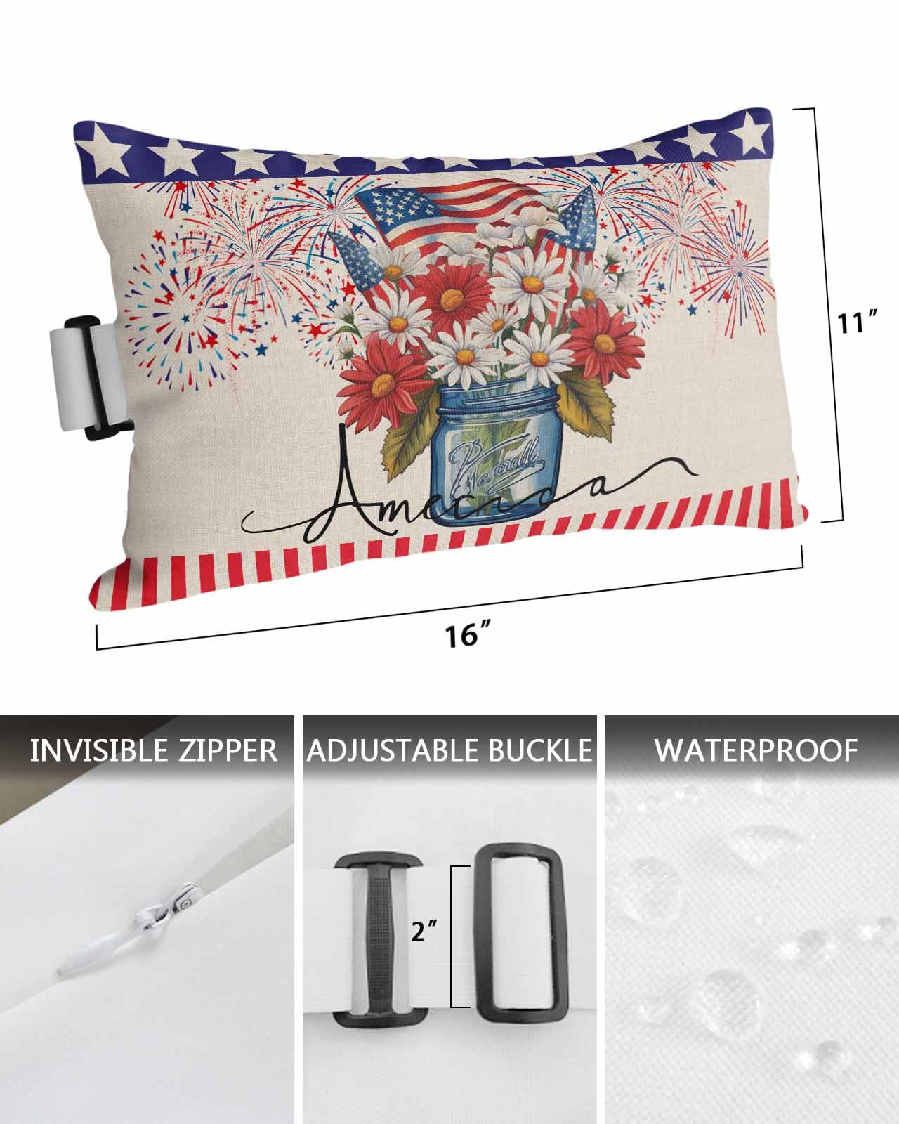 Red White and Blue Patriotic Throw Pillows - Waterproof Outdoor Pillows for Recliner, Pool, Beach & Patio - 11x16 Inch July 4th Decor with Elastic Band (Pack of 2) - Perfect for Independence Day, Memorial Day, Summer Outdoor Relaxation