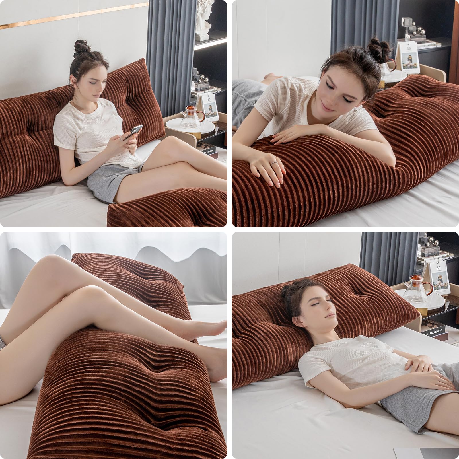 Queen Size Large Triangular Headboard Wedge Pillow - Bed Rest Reading Cushion with Removable Cover (59x8x20 Inches, Brown) - Perfect for Back Support, Reading in Bed, Watching TV, and Post-Surgery Recovery