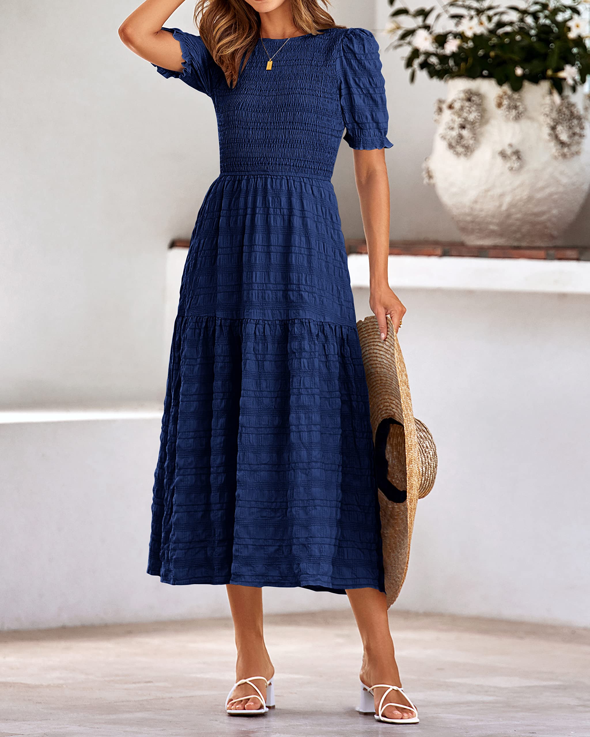 Dowerme Women's Summer Dresses 2025 - Casual Puff Short Sleeve Crewneck Smocked Flowy Boho Maxi Sundress for Beach, Party & Vacation | Lightweight Comfortable Dress for Outdoor Activities