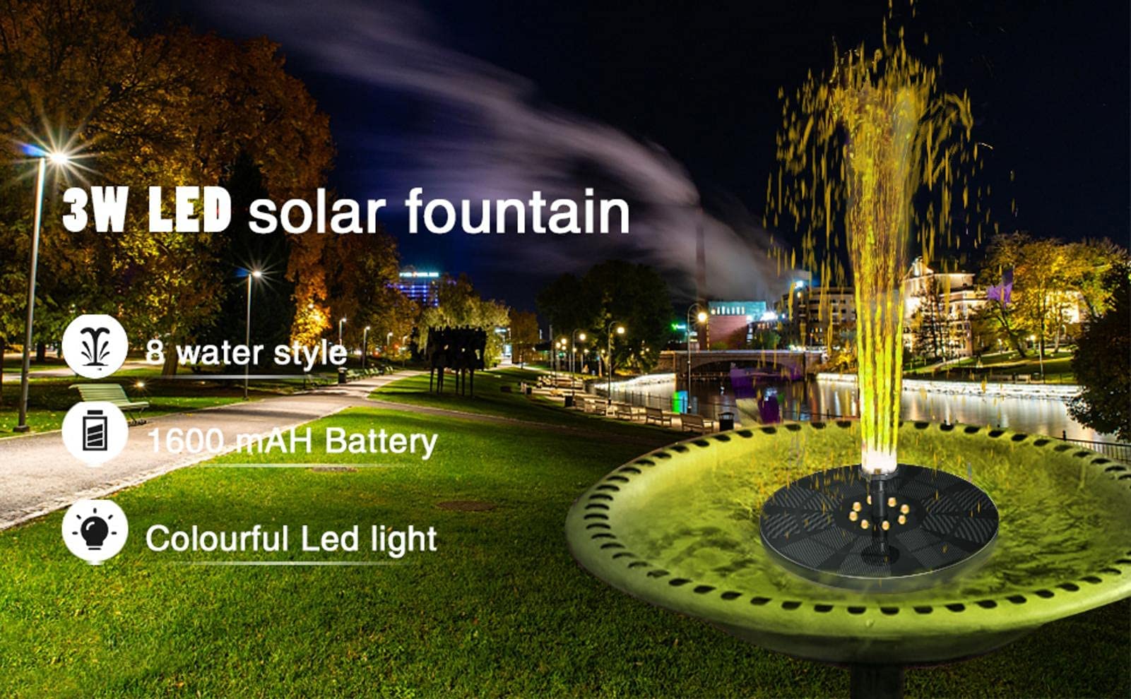 3W Solar Powered Fountain Pump with LED Lights - 8 Adjustable Water Styles for Bird Baths, Ponds, Gardens & Swimming Pools | Outdoor Decoration & Relaxation Water Feature