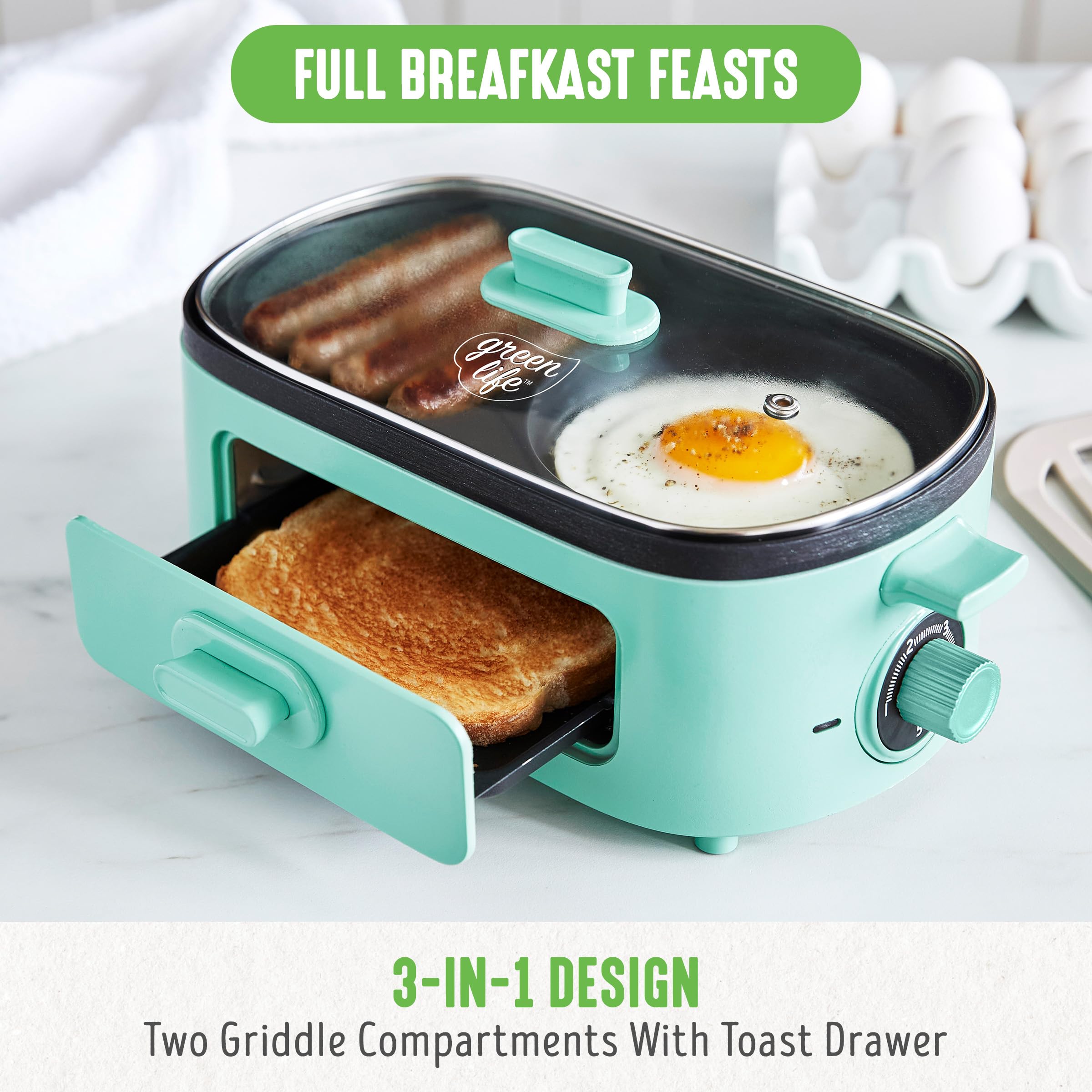GreenLife 3-in-1 Breakfast Maker Station - Healthy Ceramic Nonstick Dual Griddles for Eggs, Meat, Sausage, Bacon, Pancakes & Breakfast Sandwiches with 2-Slice Toast Drawer & Easy Timer - Perfect for Quick Breakfasts, Family Meals & Small Kitchens (Turquoise)