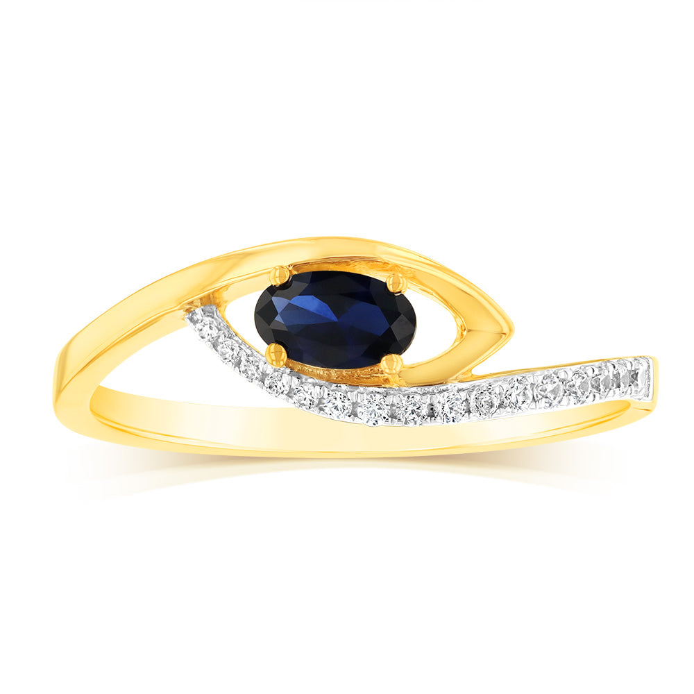 9ct Yellow Gold 0.27ct Created Sapphire & 16 Cubic Zirconia Ring for Women - Elegant Birthstone Jewelry Gift for Anniversary, Engagement or Special Occasions