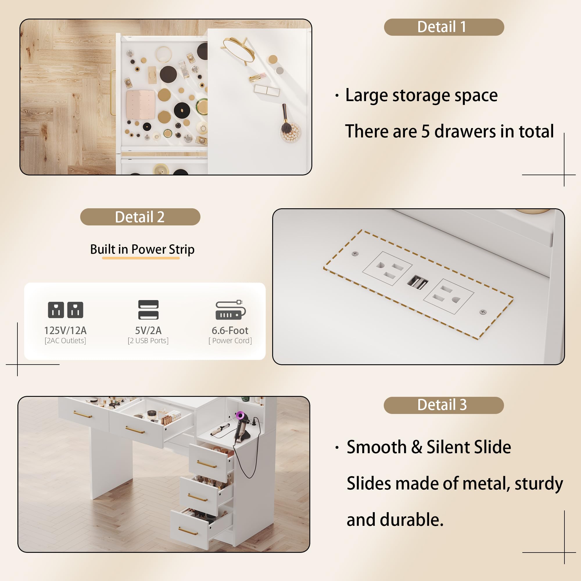White Makeup Vanity Table with LED Lights & USB Charging Station, 5 Drawers & Open Shelves - Dressing Table Set for Women & Girls, Perfect for Bedroom, Dorm Room or Beauty Salon