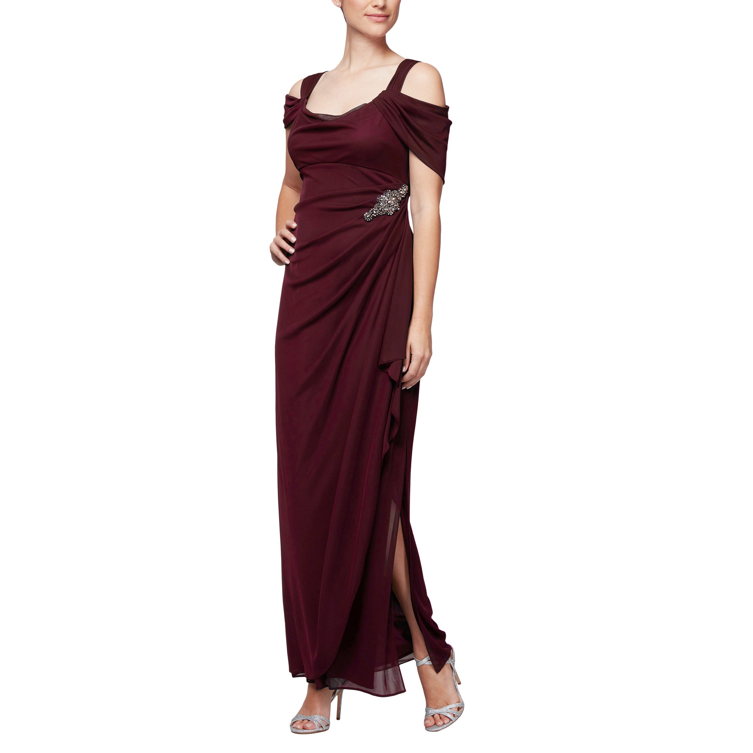 Alex Evenings Women's Plus Size Long Cold Shoulder Dress with Ruched Skirt - Elegant Formal Gown for Weddings, Parties & Special Occasions